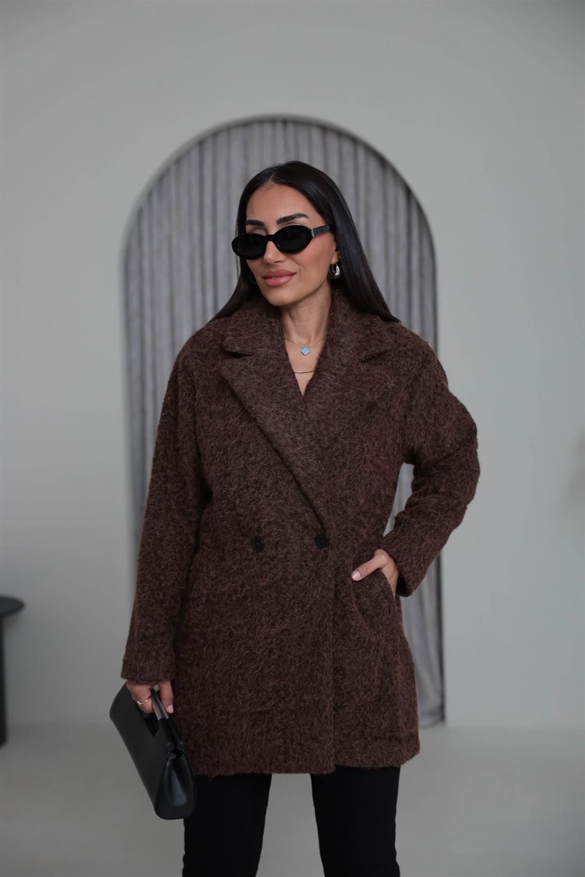 9699 Çift Düğmeli Buklet Kaban KAHVE