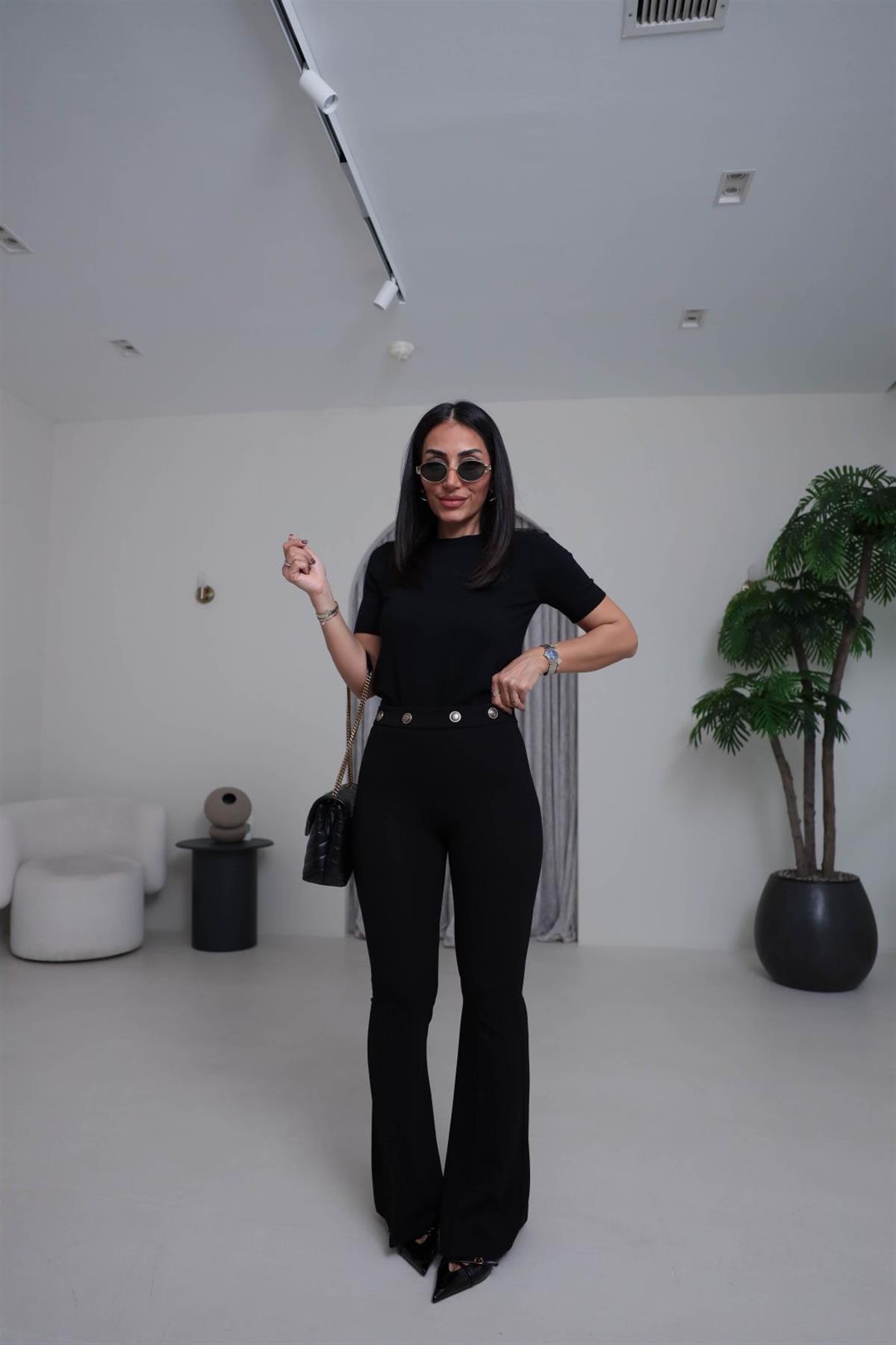 7068 Belden Düğmeli Yüksek Bel Likralı İspanyol Pantolon SİYAH