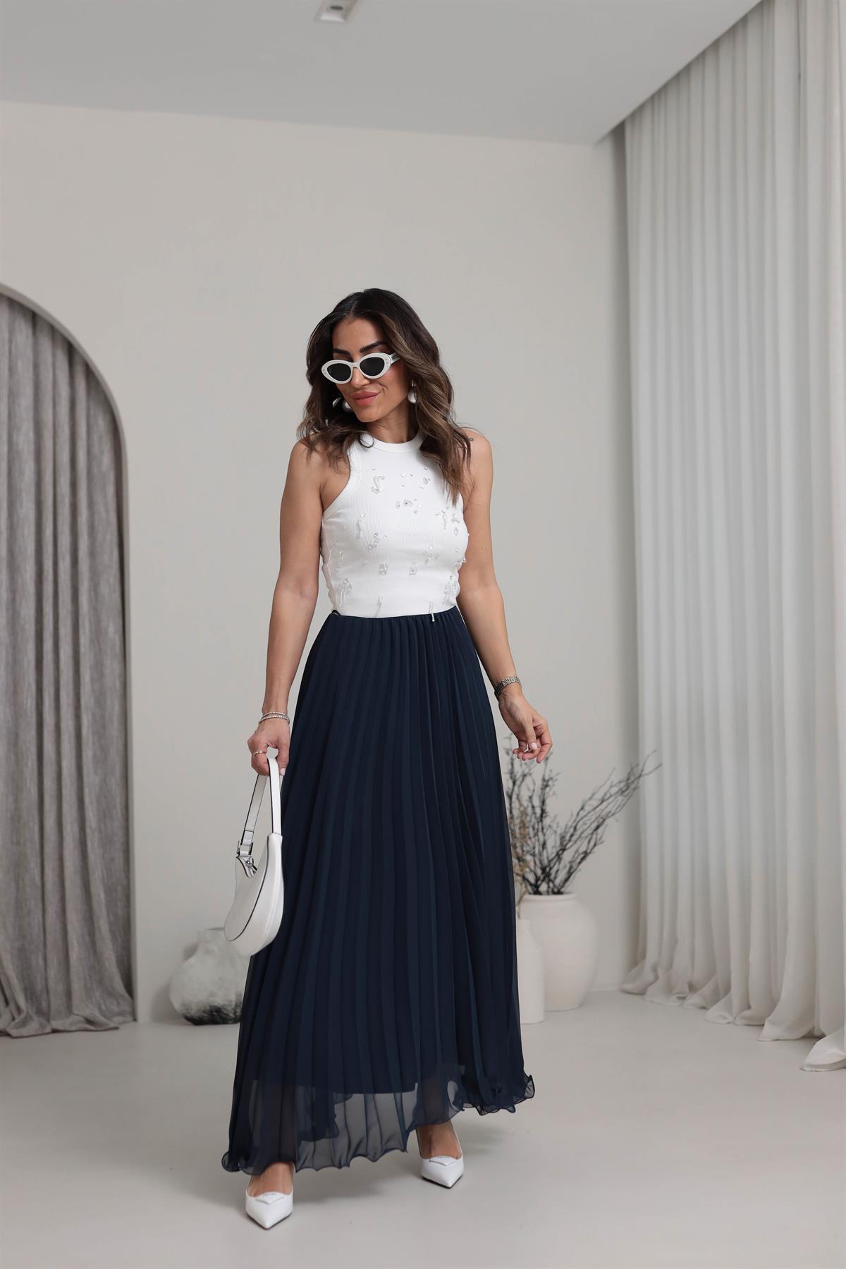 0287 Piliseli Şifon Maxi Etek LACİVERT