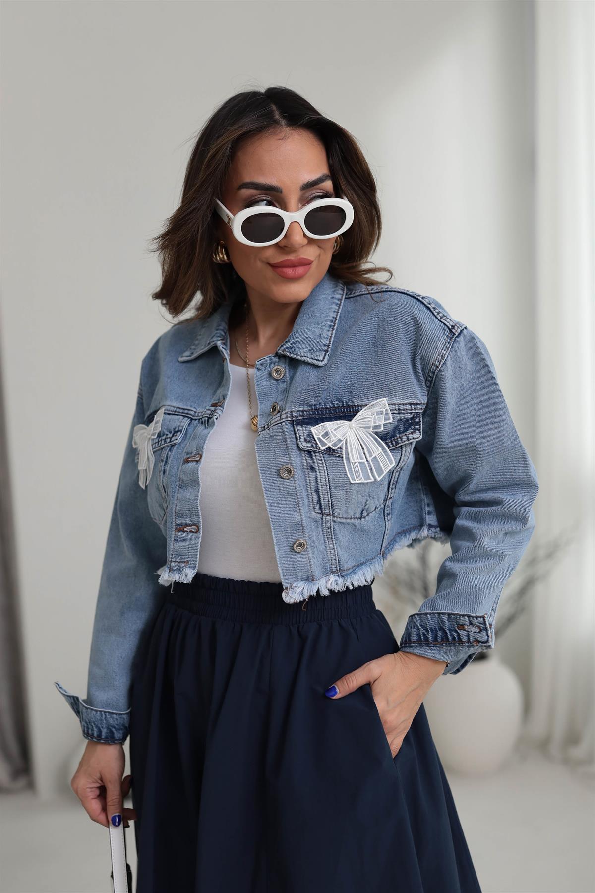 5026 Kurdela Detaylı Kısa Jean Ceket BUZ MAVİ