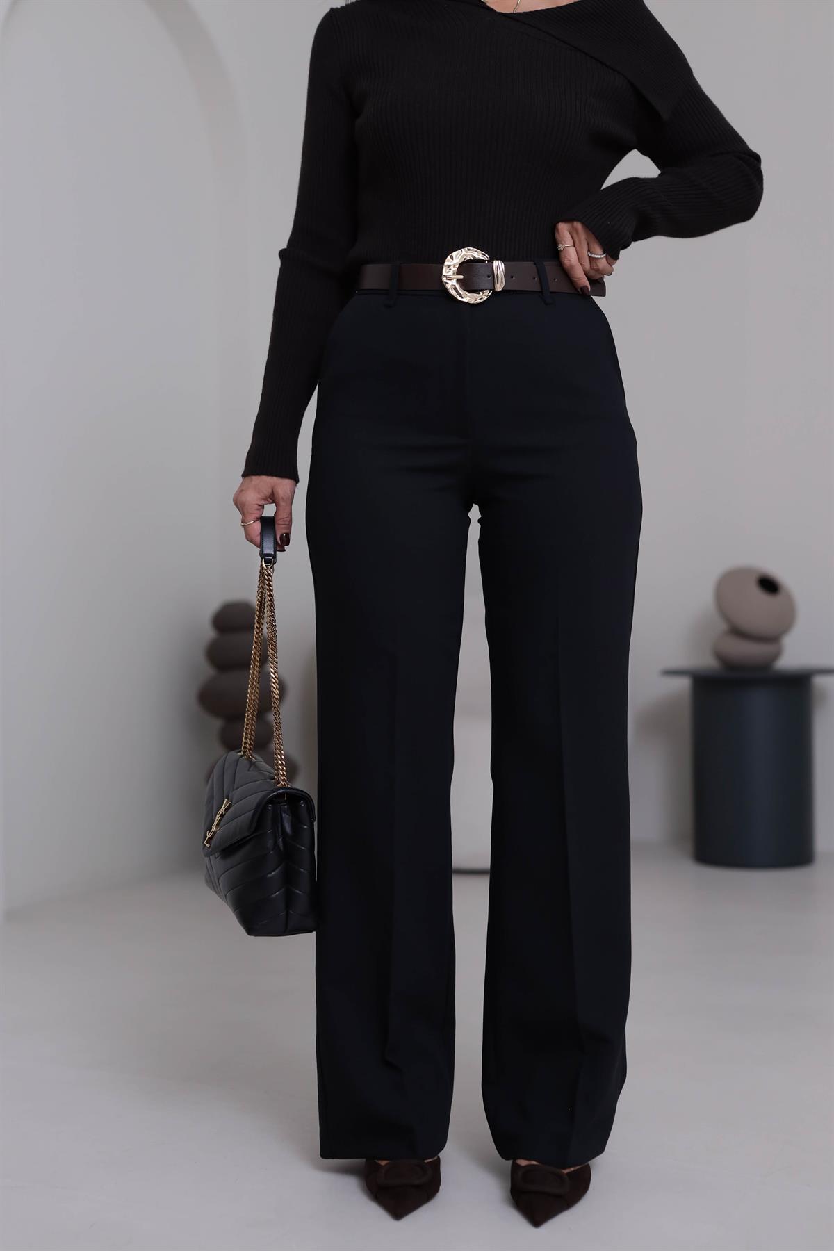 7038 Kemerli Kumaş Pantolon SİYAH