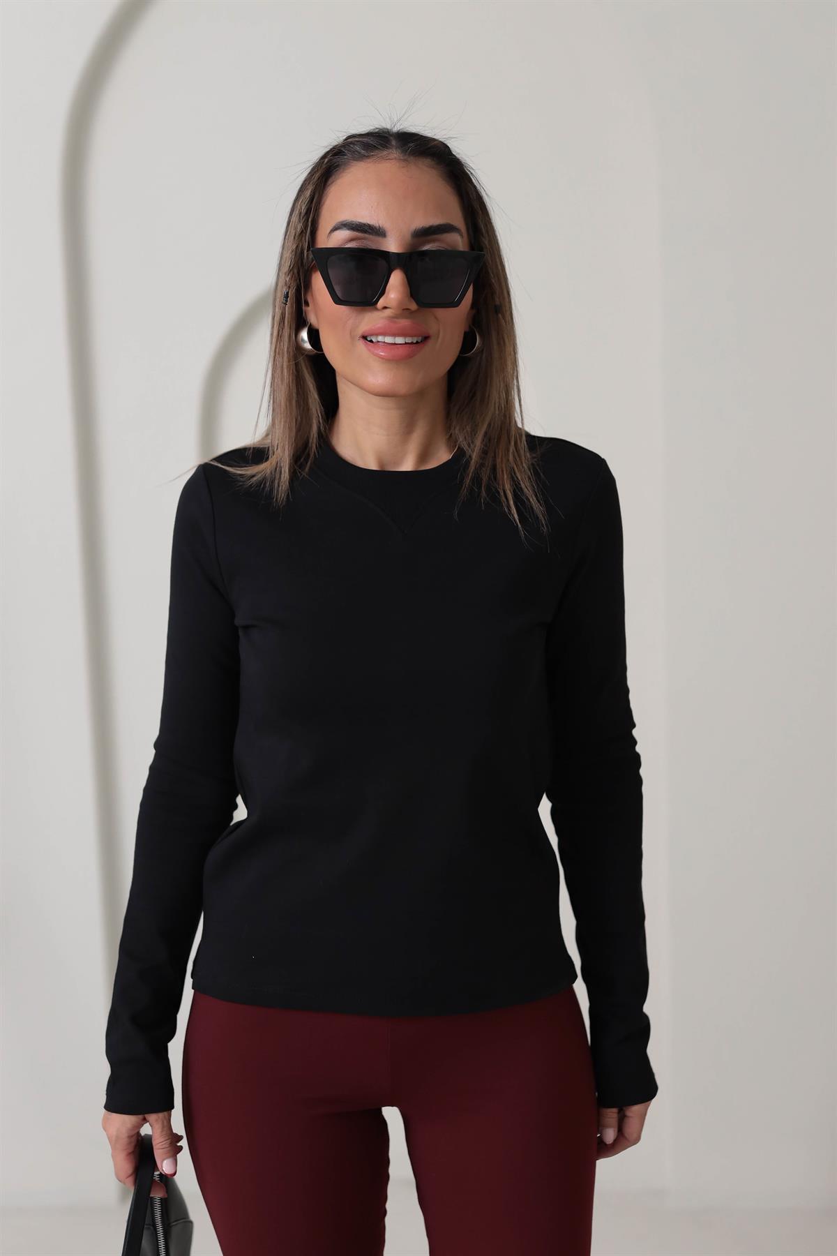 6364 Yaka Ribana Dikişli Uzun Kol Bluz SİYAH