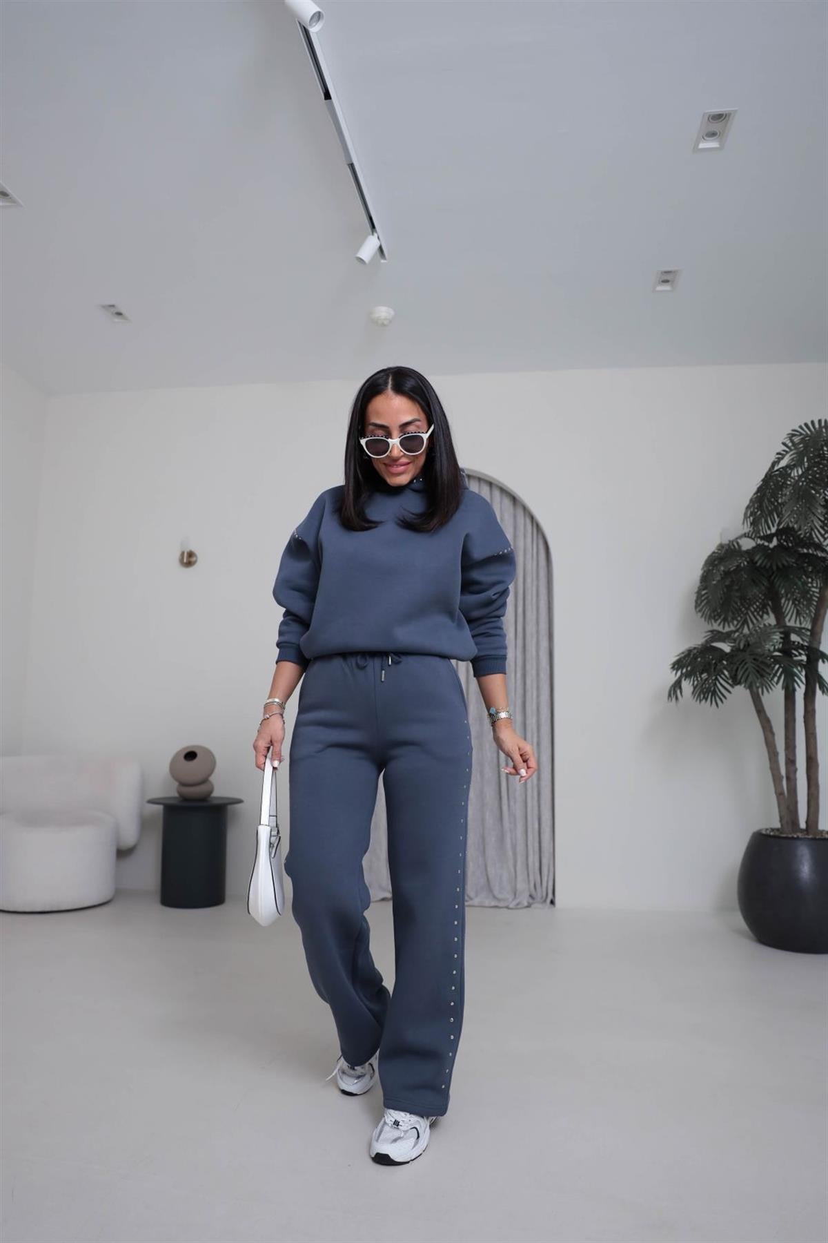 4229 Kapüşonlu Zımba Detaylı Şardonlu Takım ANTRASİT