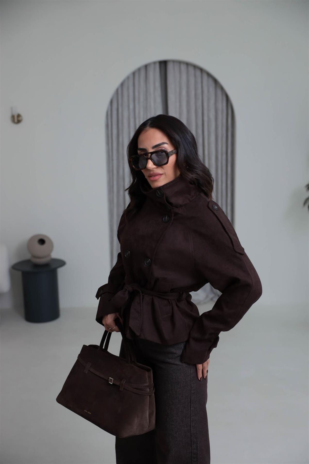 8437 Dik Yaka Kuşaklı Süet Ceket ACI KAHVE