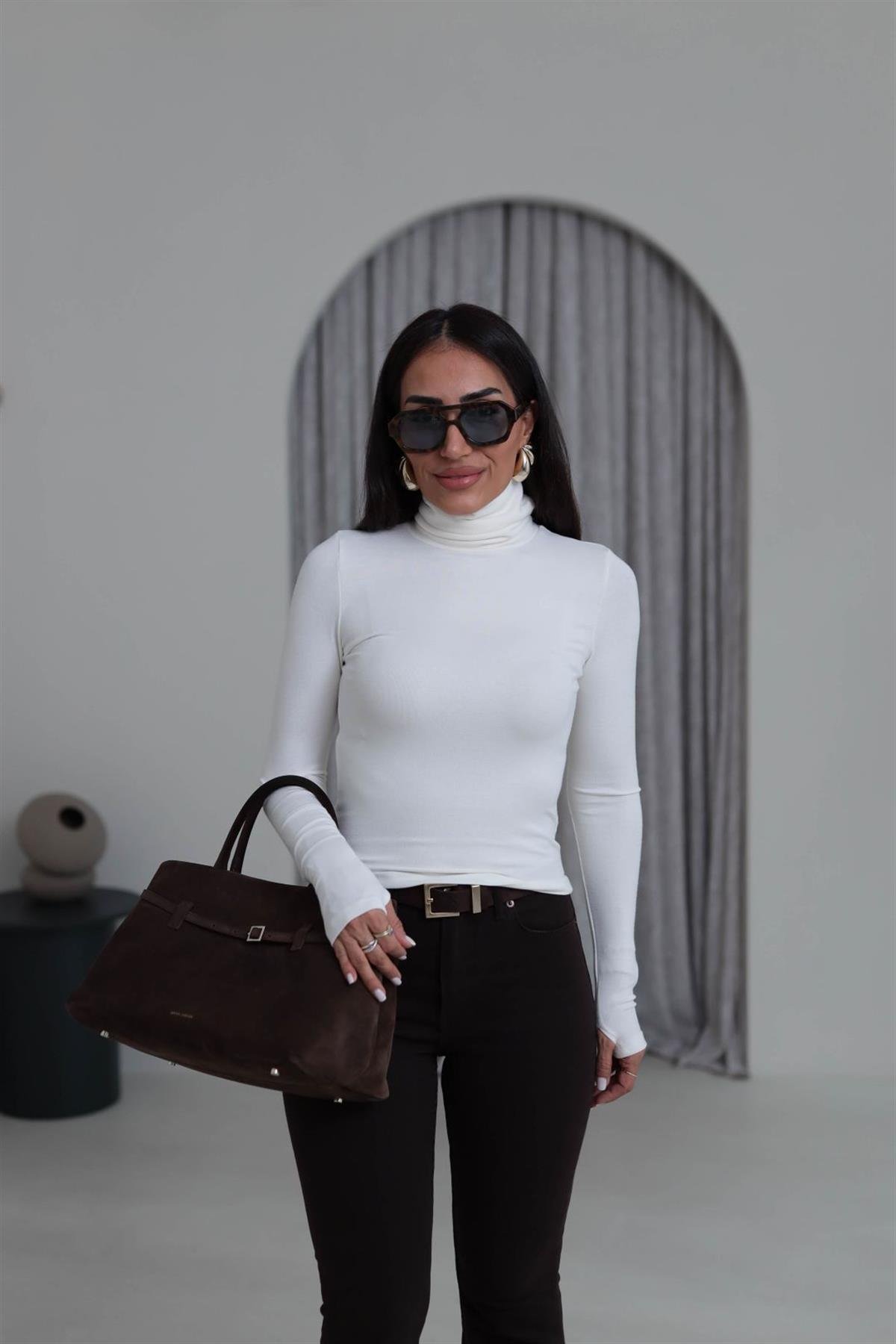 1710 Kolu Yırtmaçlı Balıkçı Yaka Bluz EKRU