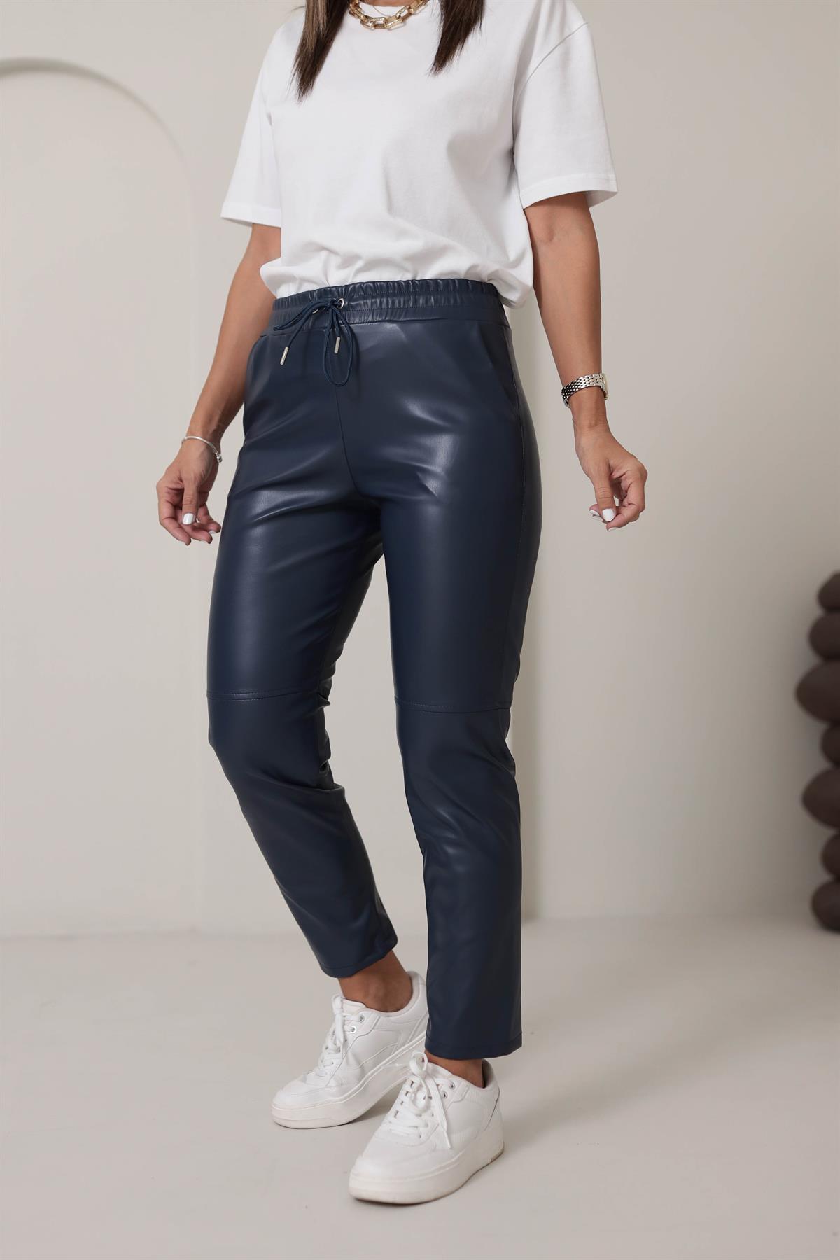 2022 Beli Lastikli Çimalı Deri Pantolon LACİVERT