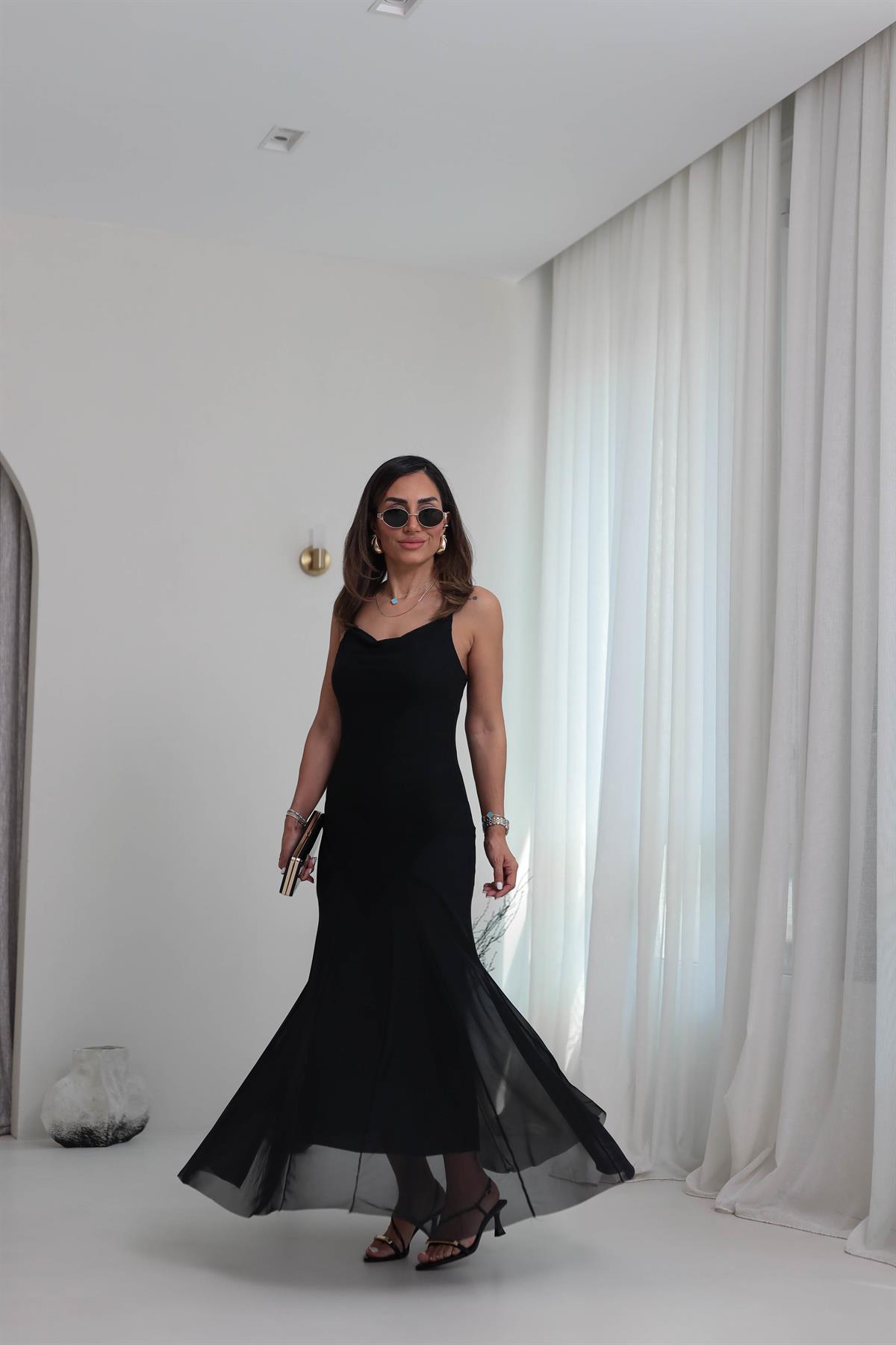 7320 İp Askılı Etek Ucu Dikiş Parçalı Tül Elbise SİYAH