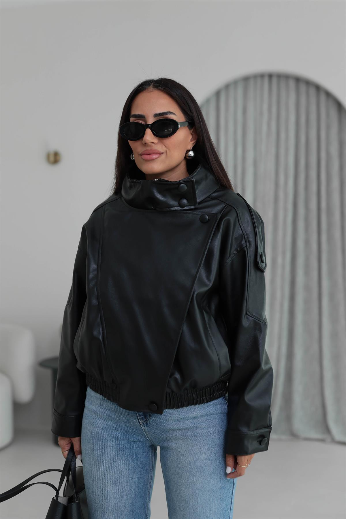 6797 Boyun Düğme Detaylı Suni Deri Ceket SİYAH