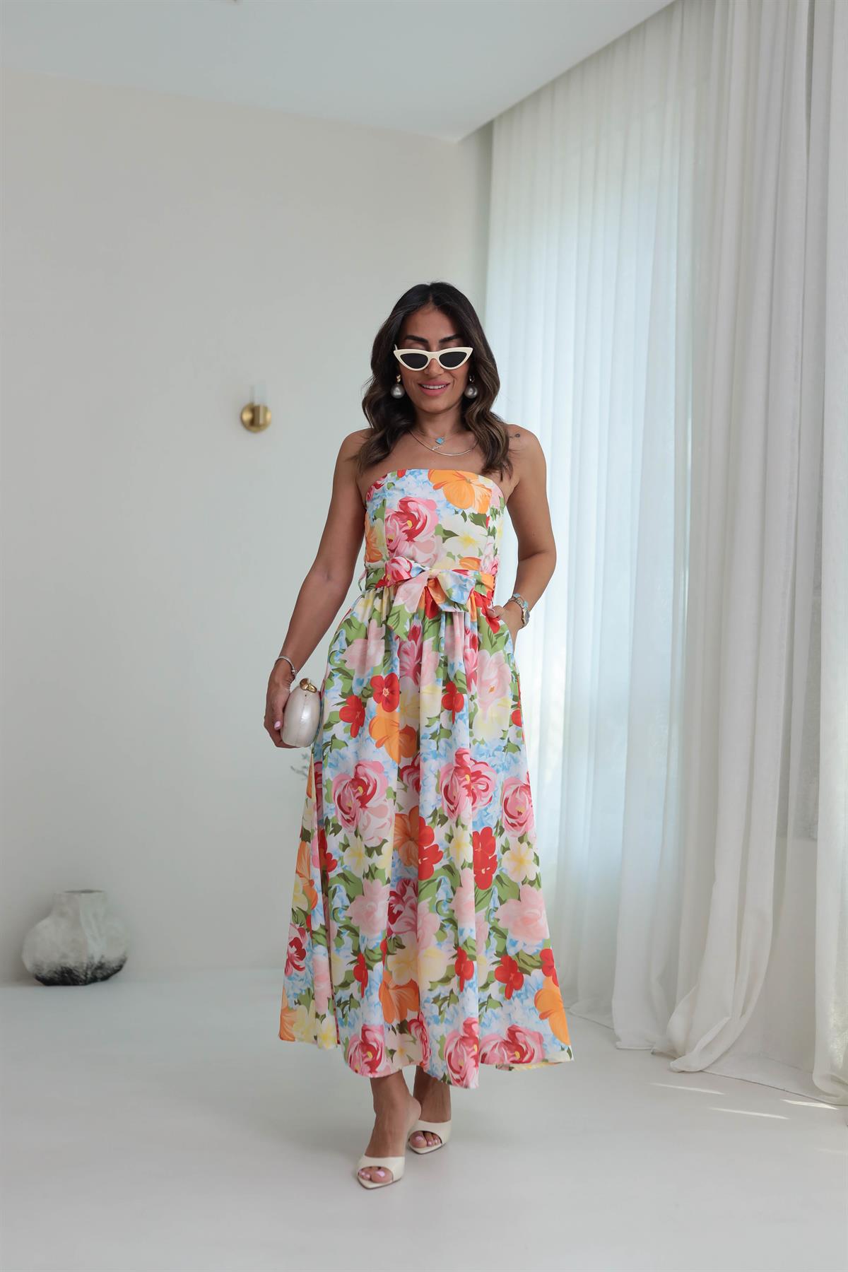 6213 Straplez Sırtı Gipeli Desenli Elbise KIRMIZI