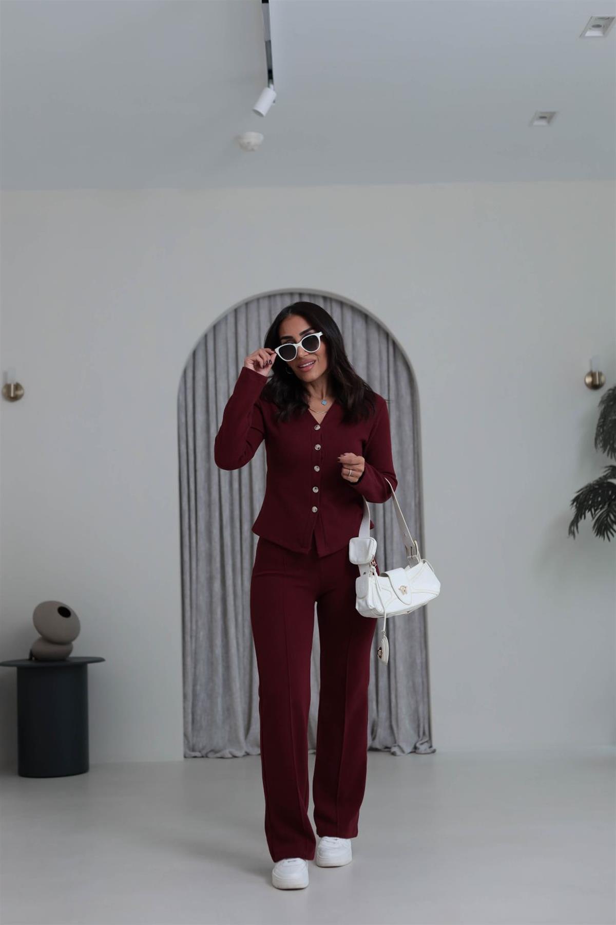 Gold Düğmeli V Yaka Selanik Hırka Takım BORDO