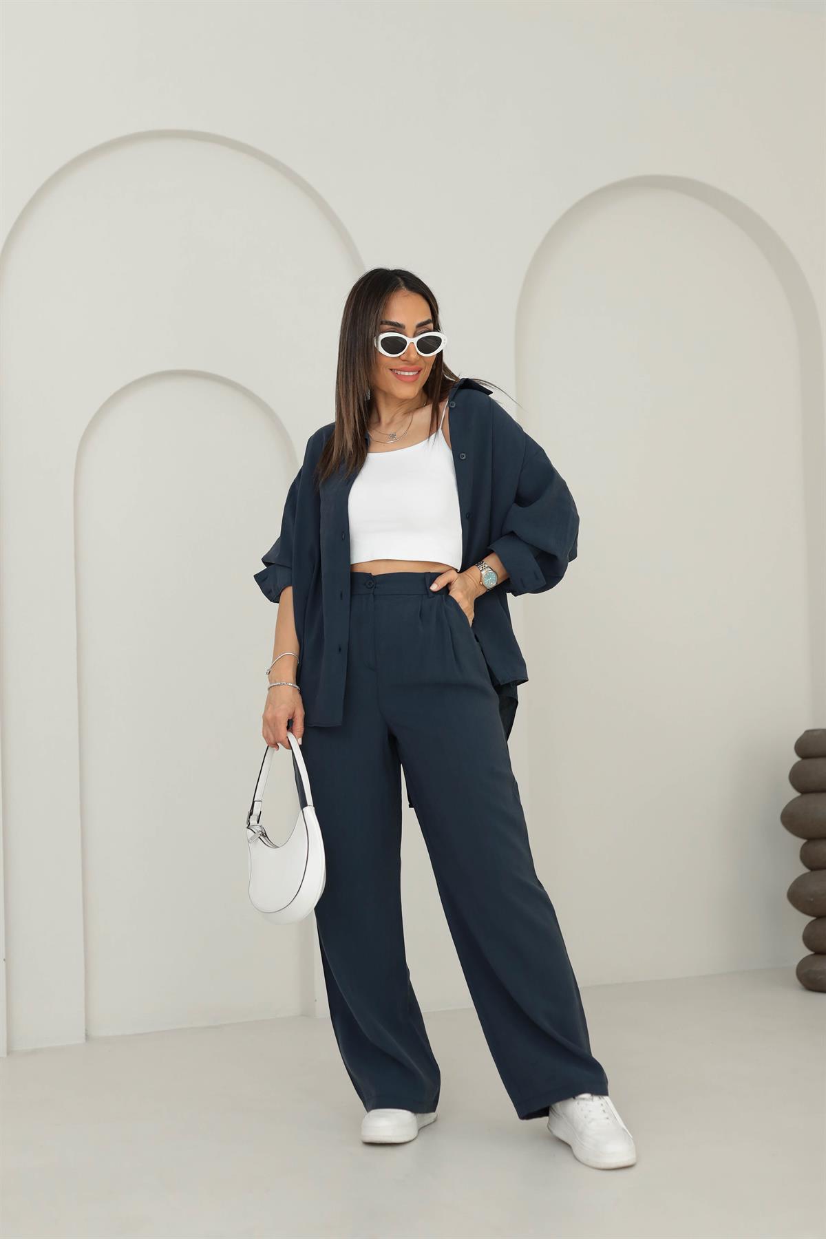 8557 Tencel Kumaş Gömlekli Takım LACİVERT