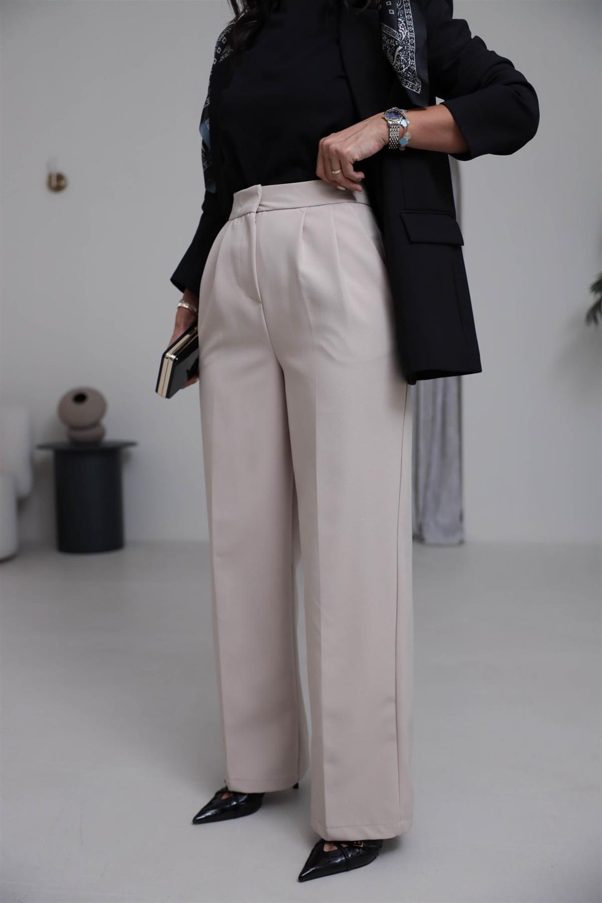 3869 Çift Pilili Kumaş Pantolon TAŞ