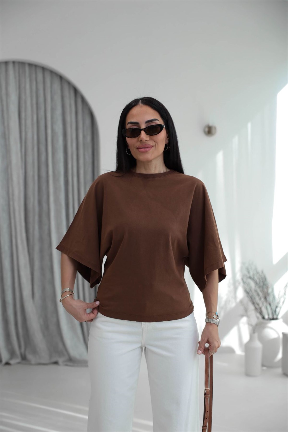 2207 Yıkamalı Pamuklu Tshirt KAHVE