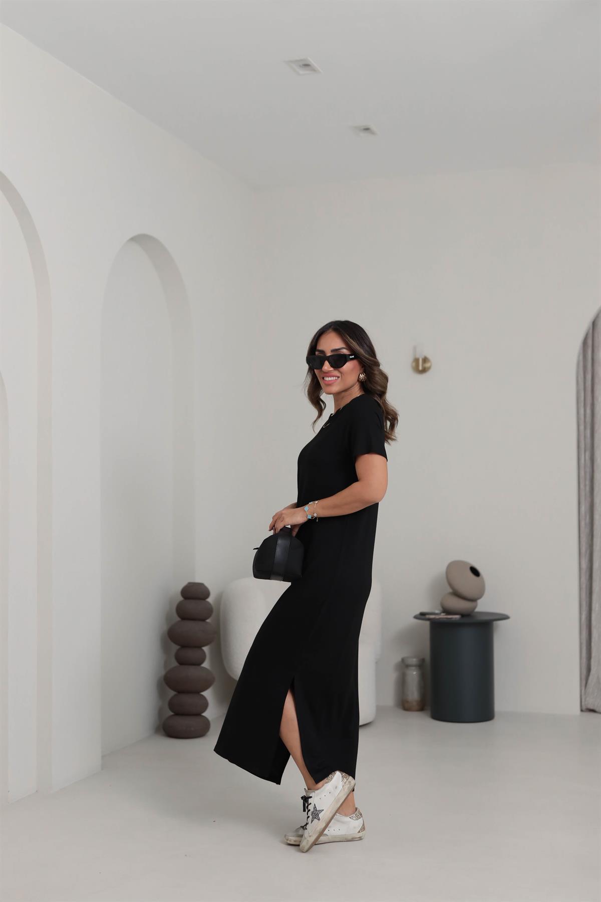 116 Bisiklet Yaka Kısa Kol Yırtmaçlı Modal Elbise SİYAH