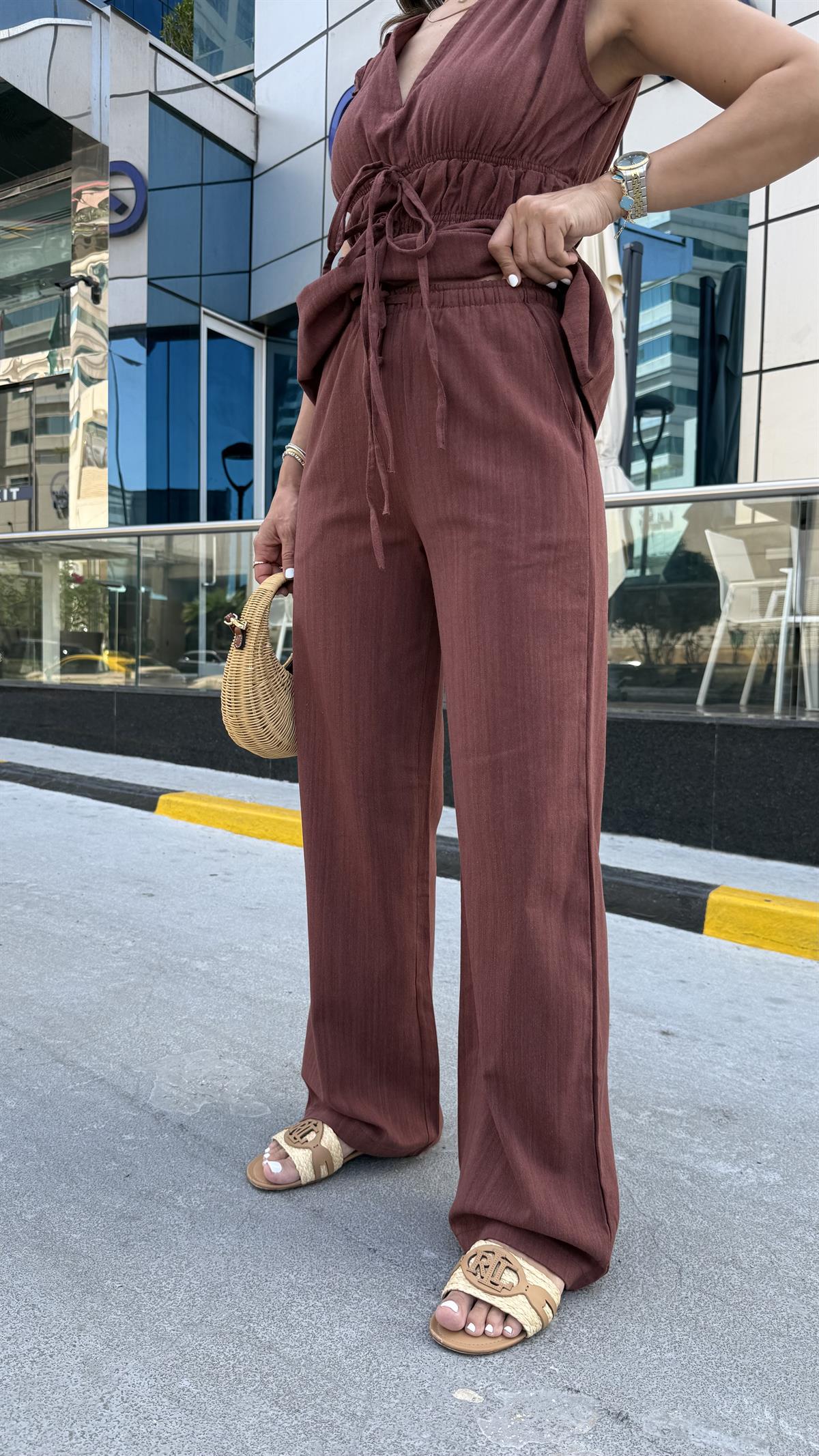 DXB Büzgü Detaylı Bel Lastikli Keten Takım KİREMİT