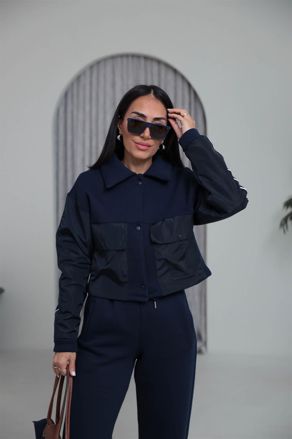 4076 Paraşüt Garnili 3 İplik Polo Yaka Çıtçıtlı Takım LACİVERT