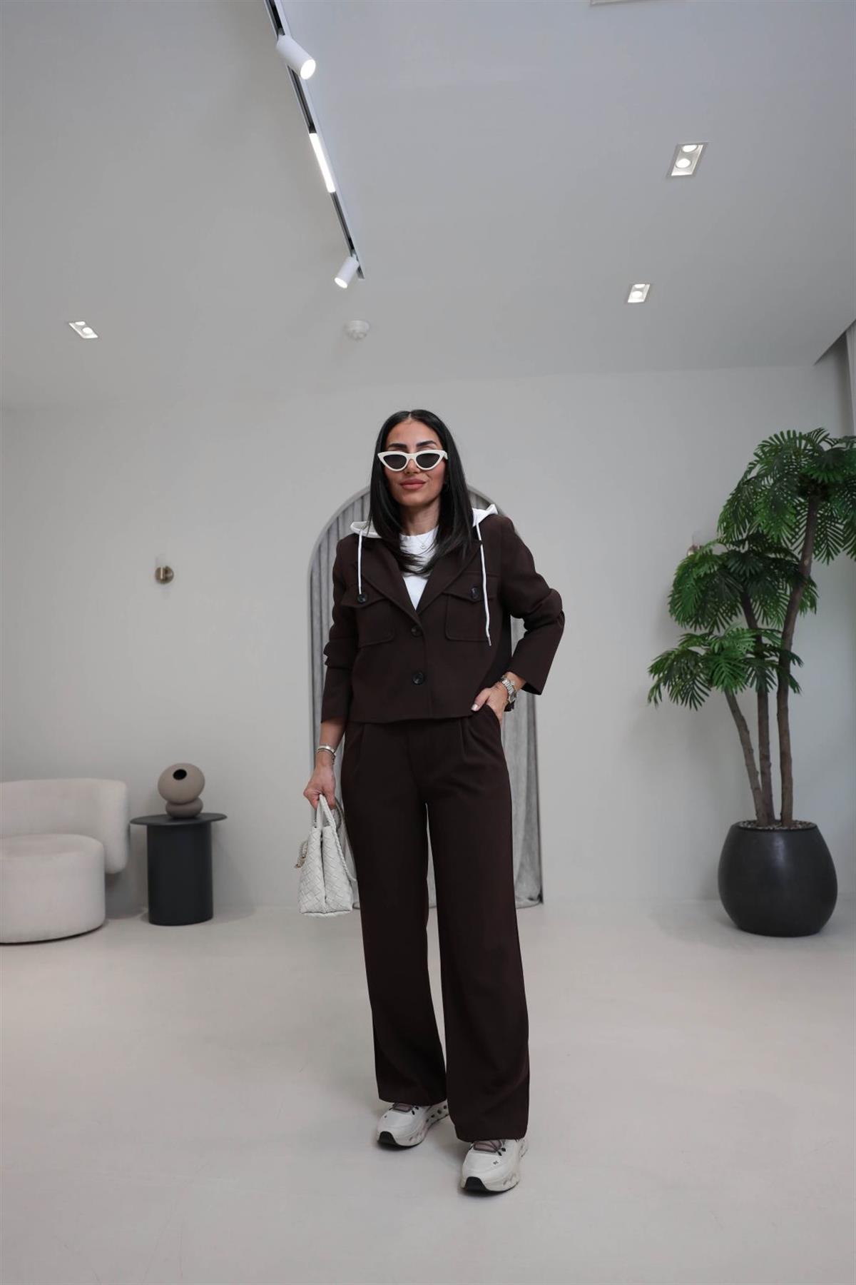 5904 Çıkarılabilir Kapşonlu Ceket Pantolon Takım KAHVE