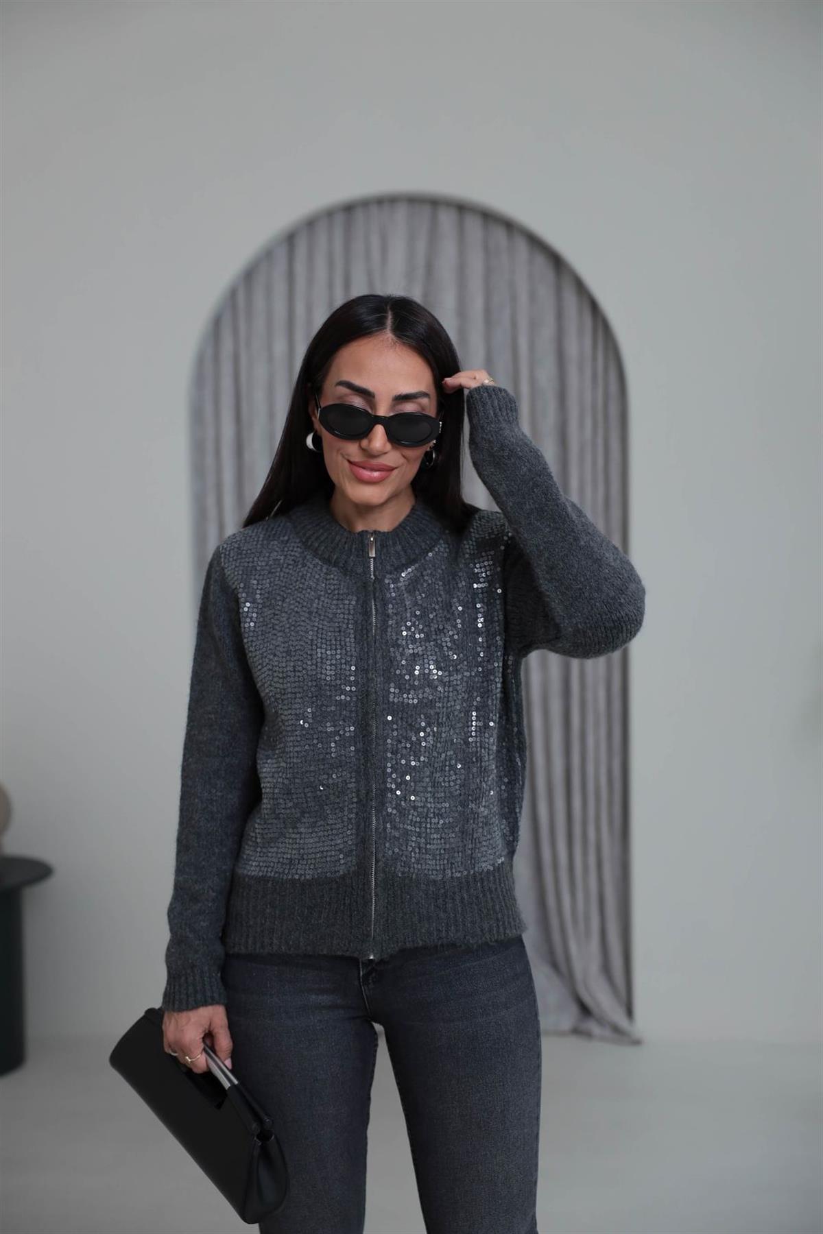 2570 Önü Pul İşlemeli Fermuarlı Hırka ANTRASİT