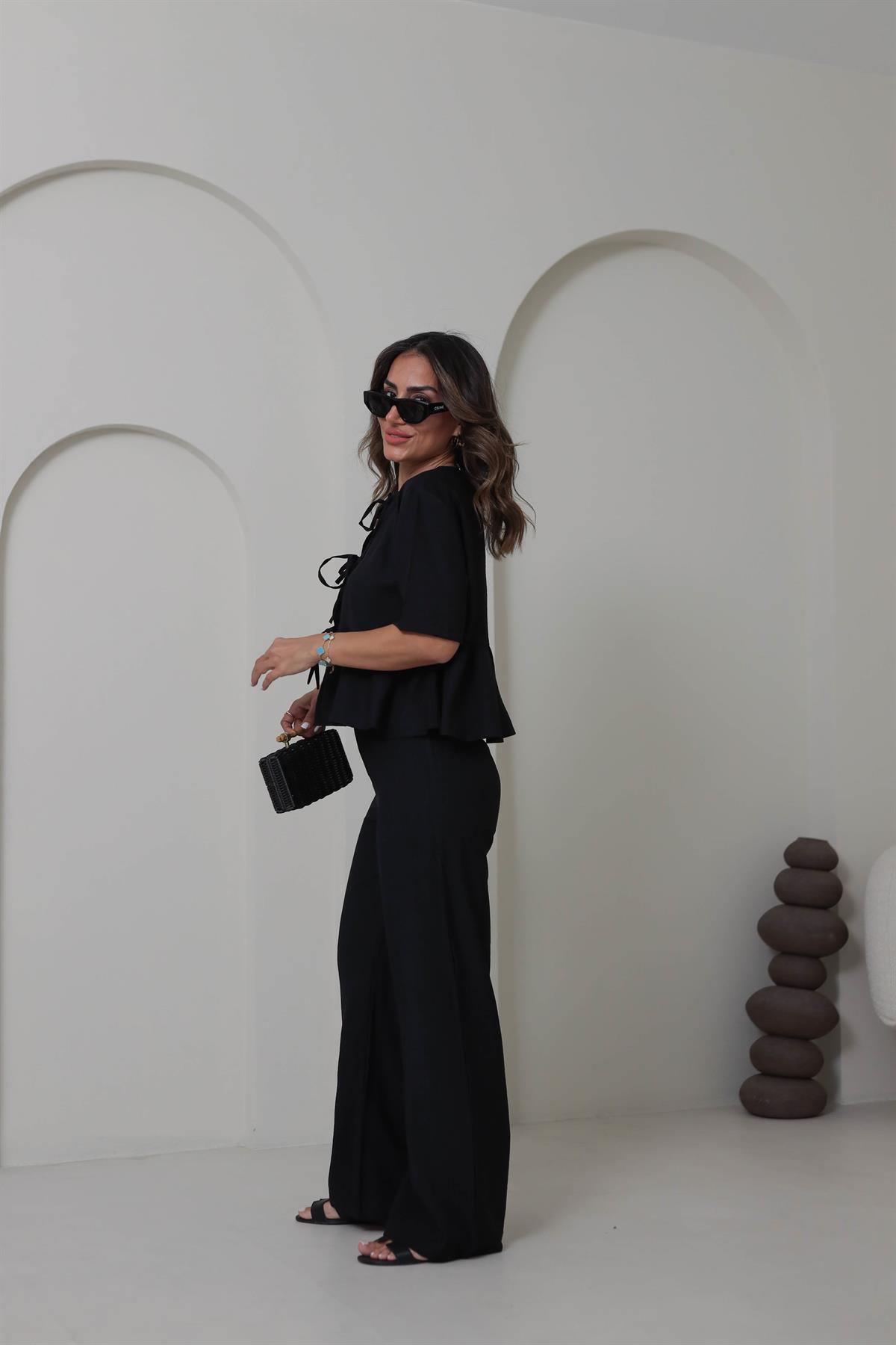 9265 Bağlama Detaylı Çilek Kumaş Takım SİYAH