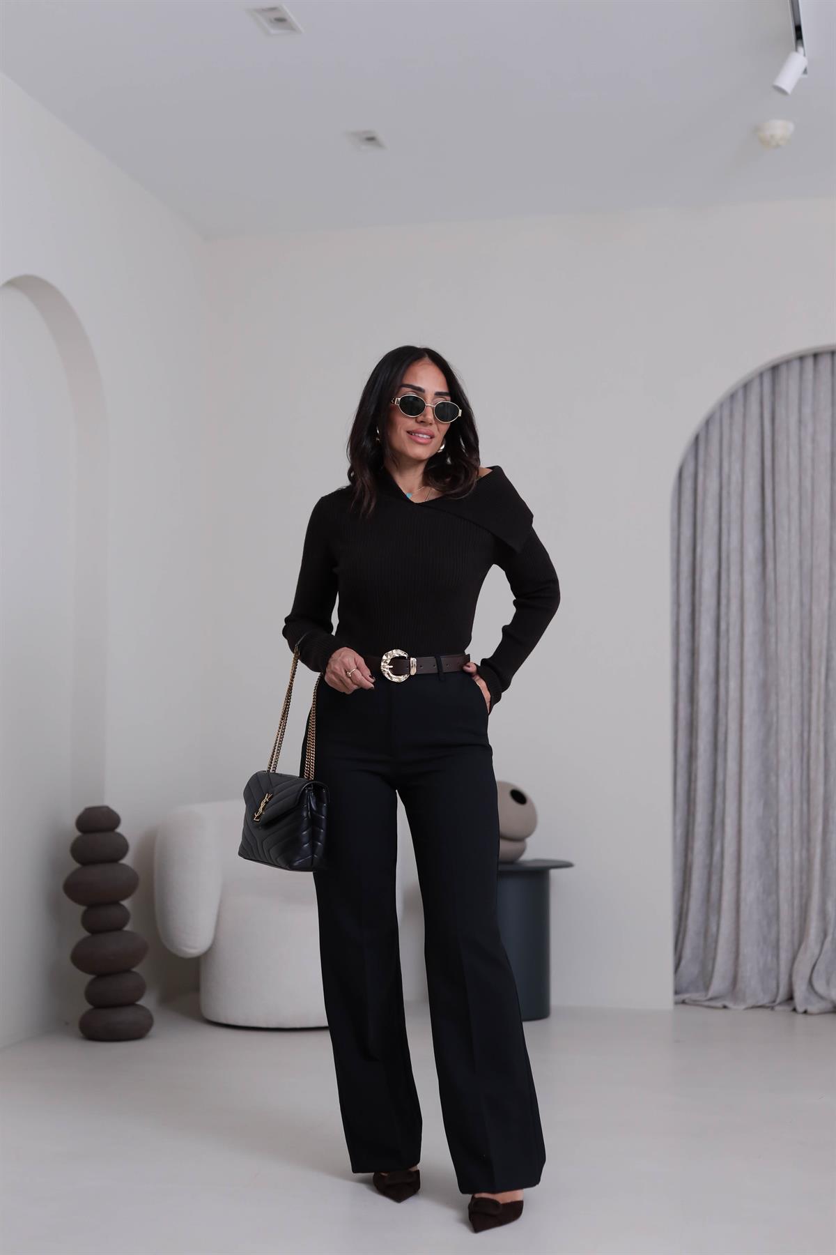 7038 Kemerli Kumaş Pantolon SİYAH