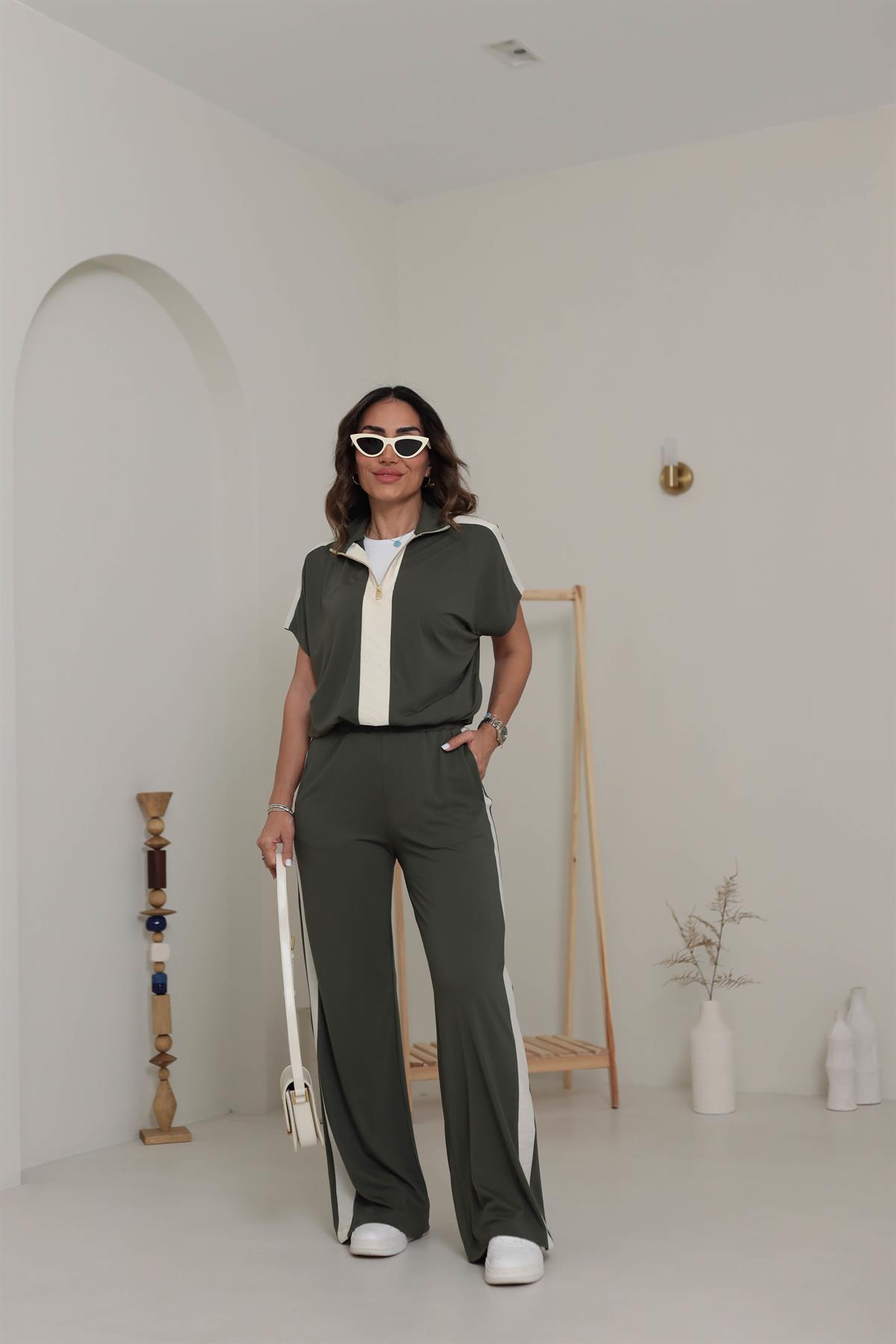 6497 Gold Fermuar Detaylı Modal Kumaş Pantolon Takım HAKİ YEŞİL