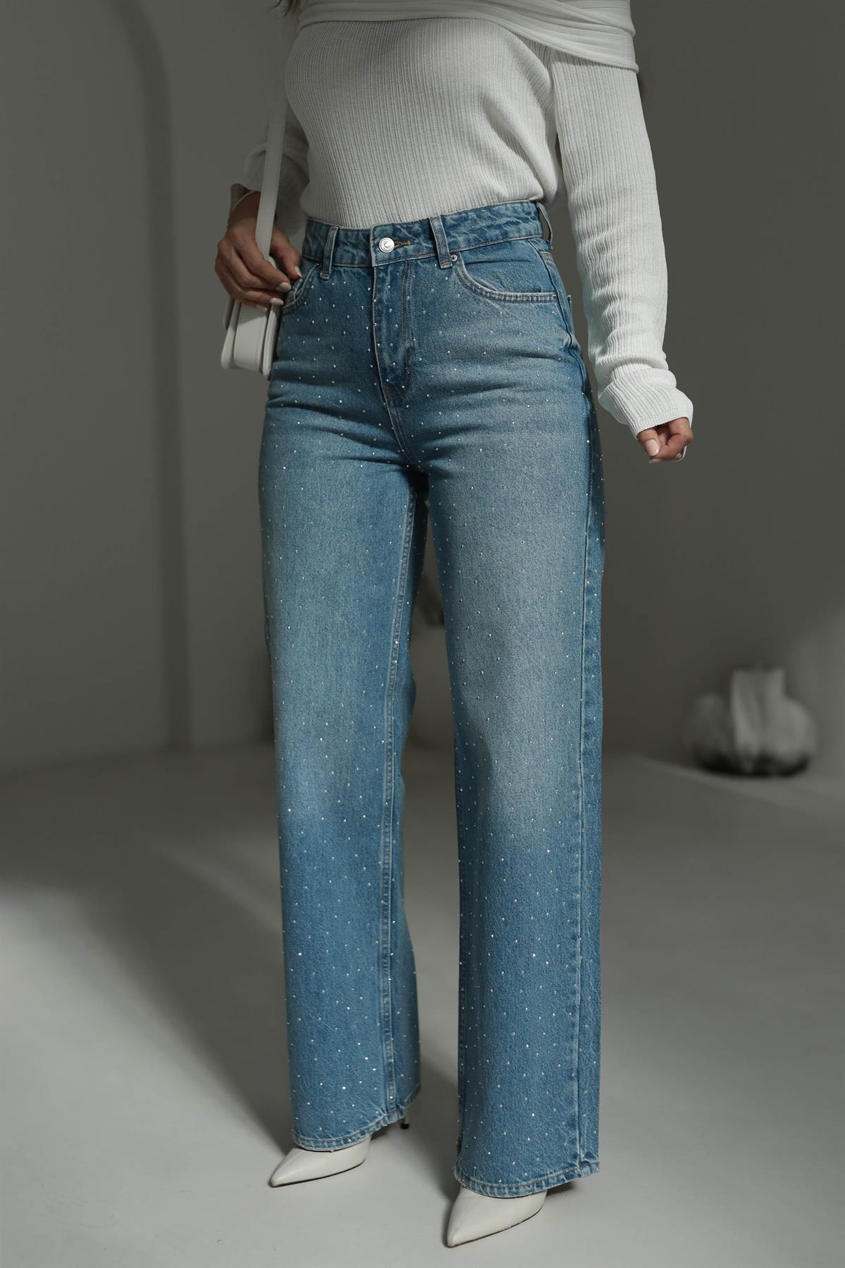 T1071 Yüksek Bel Taşlı Palazzo Jean MAVİ