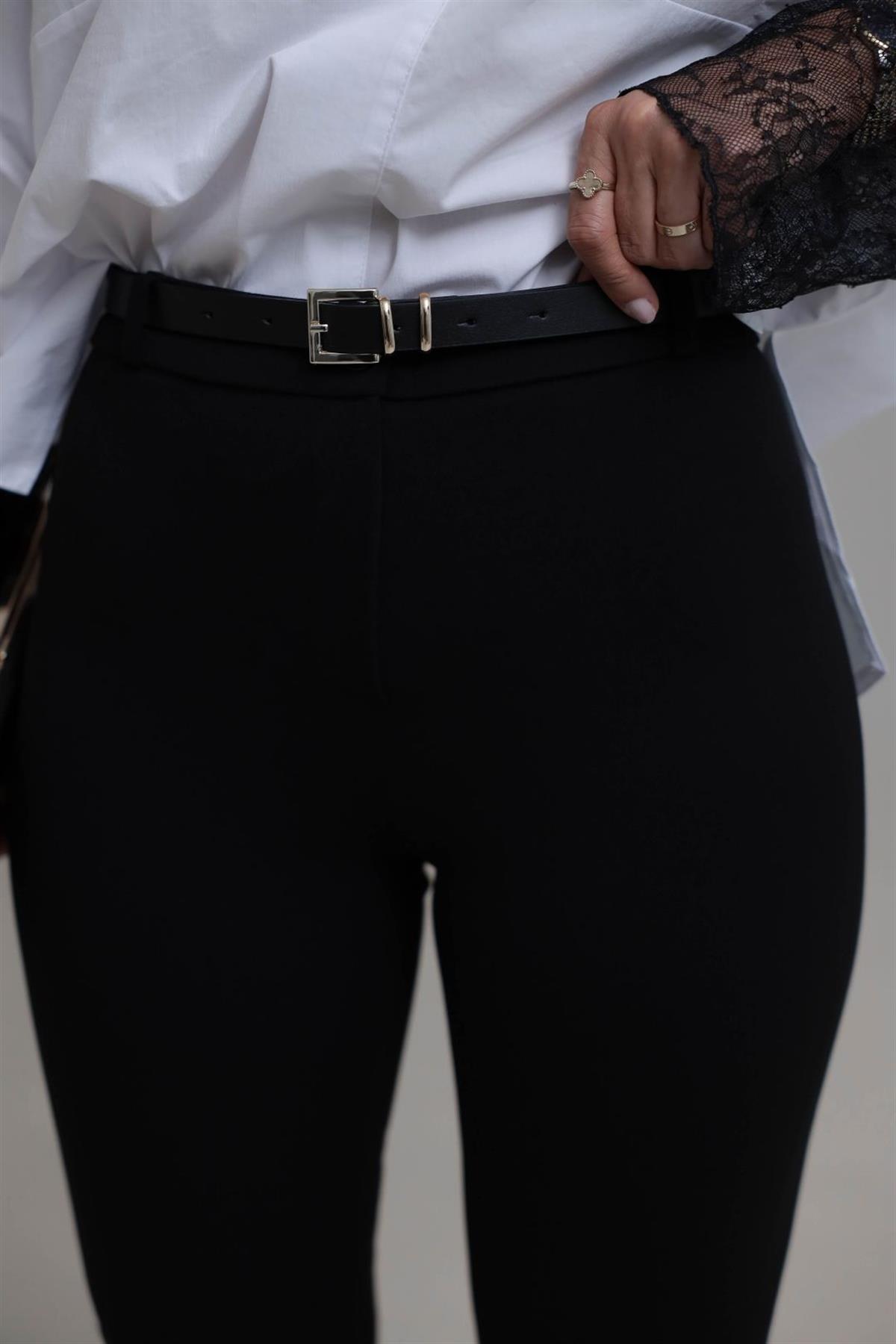 2076 Kemerli Yüksek Bel İspanyol Pantolon SİYAH