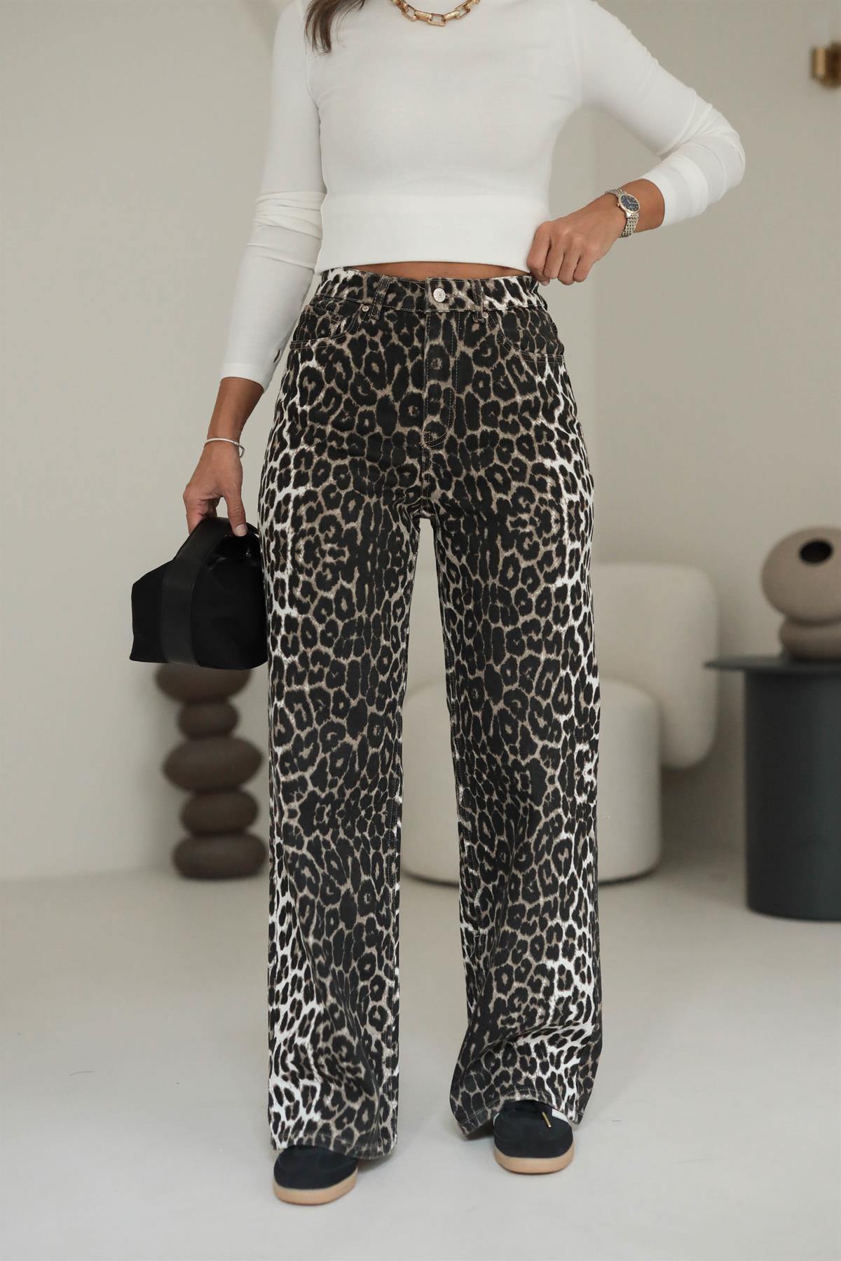 3690 Leopar Desenli Premium Palazzo Pantolon