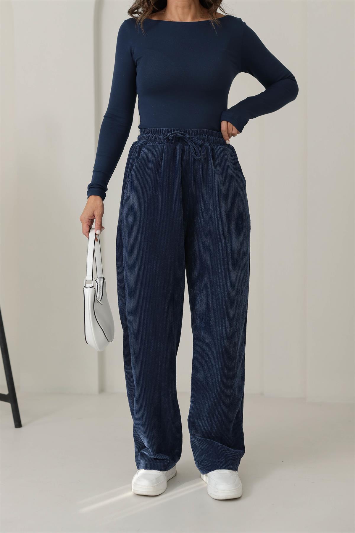 1211 Bol Kalıp Bel Lastikli Kadife Pantolon LACİVERT