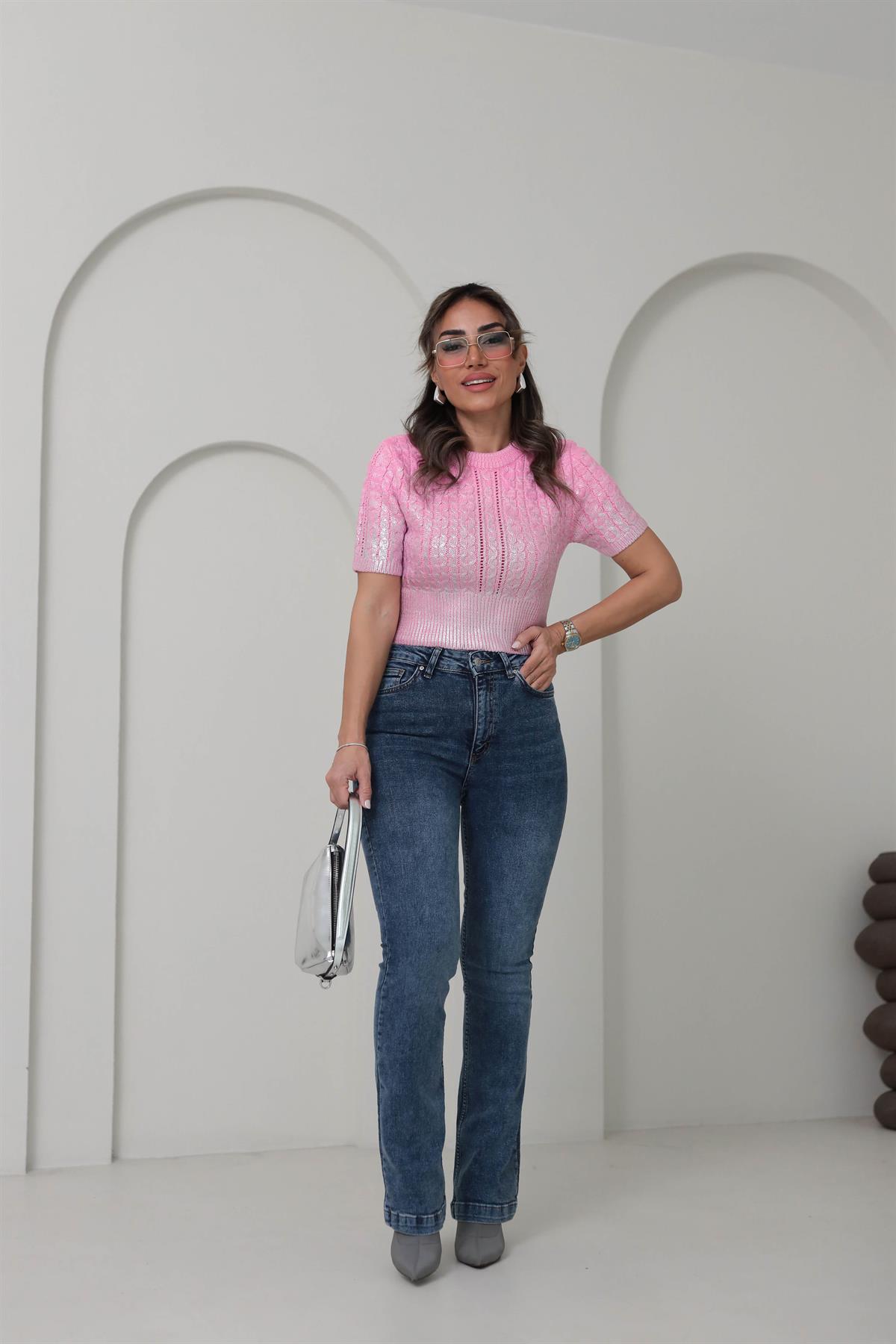 4225 Gümüş Baskılı Kısa Kol Kazak PEMBE