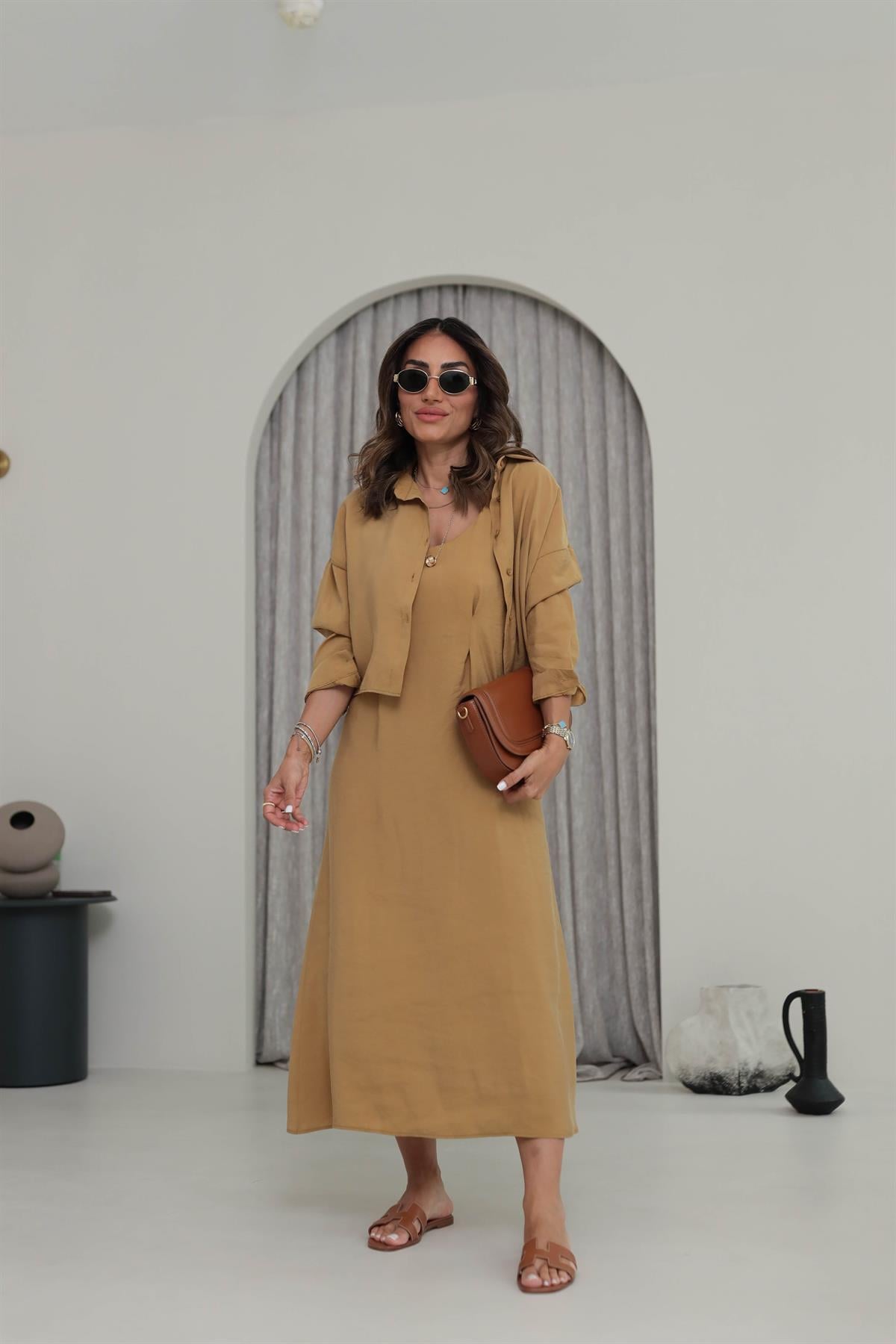 1153 Tencel Gömlek & Elbise Takım HARDAL