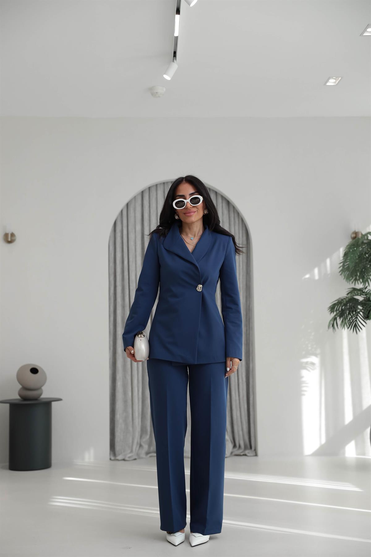 2041 Yaka Detaylı Gold Düğmeli Ceket Pantolon Takım Indigo