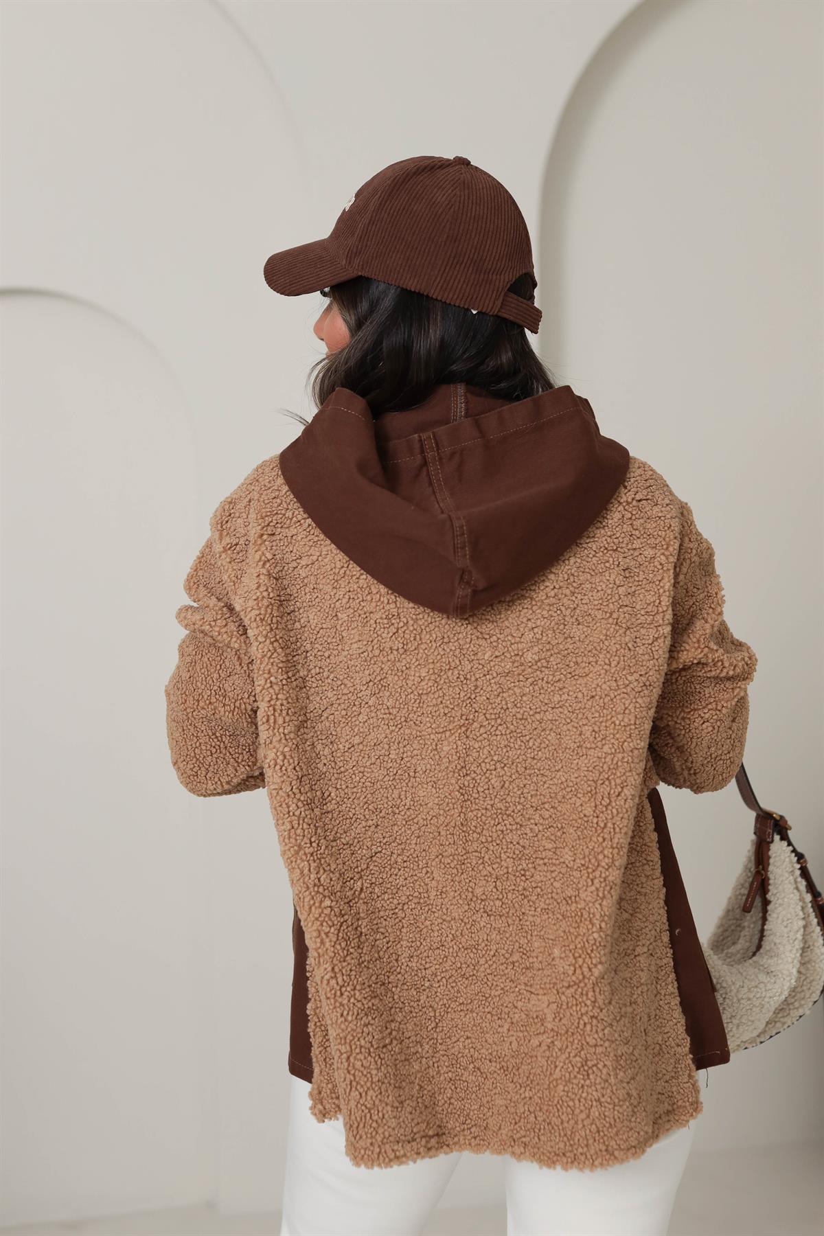 4163 Kot Garnili Kapşonlu Teddy Mont KAHVE