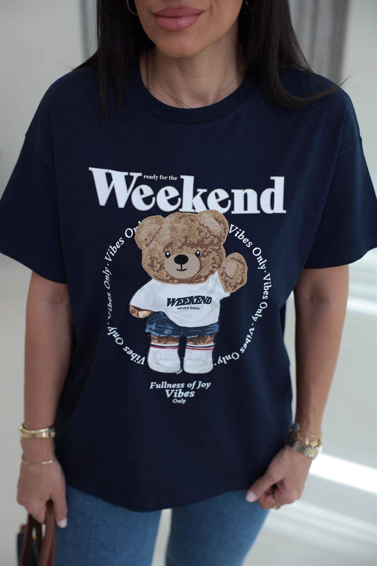 7514 Bisiklet Yaka Teddy Aplikeli Tshirt LACİVERT
