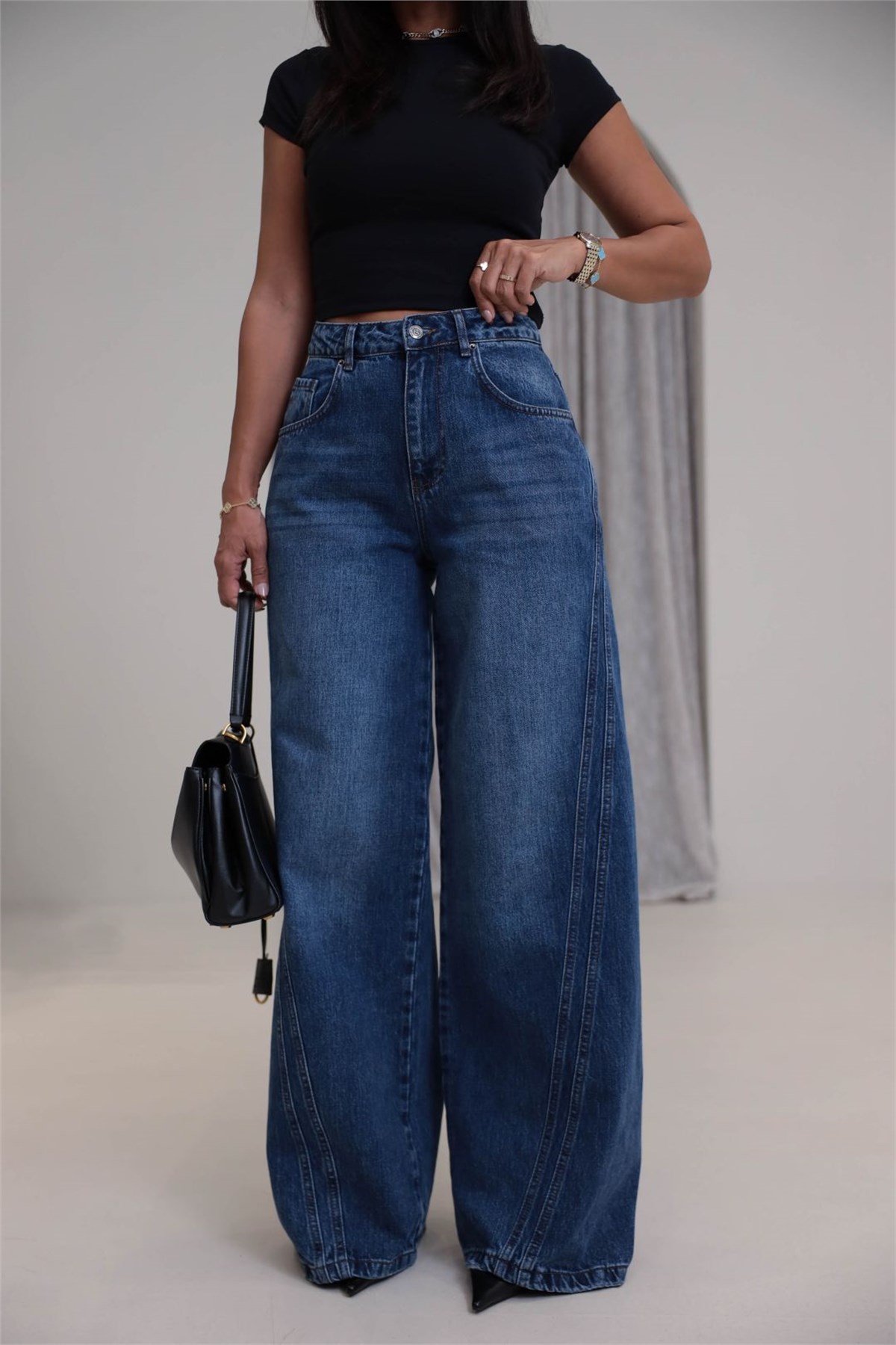 1067 Yanları Dikiş Detaylı Wide Leg Denim Pantolon KOYU MAVİ