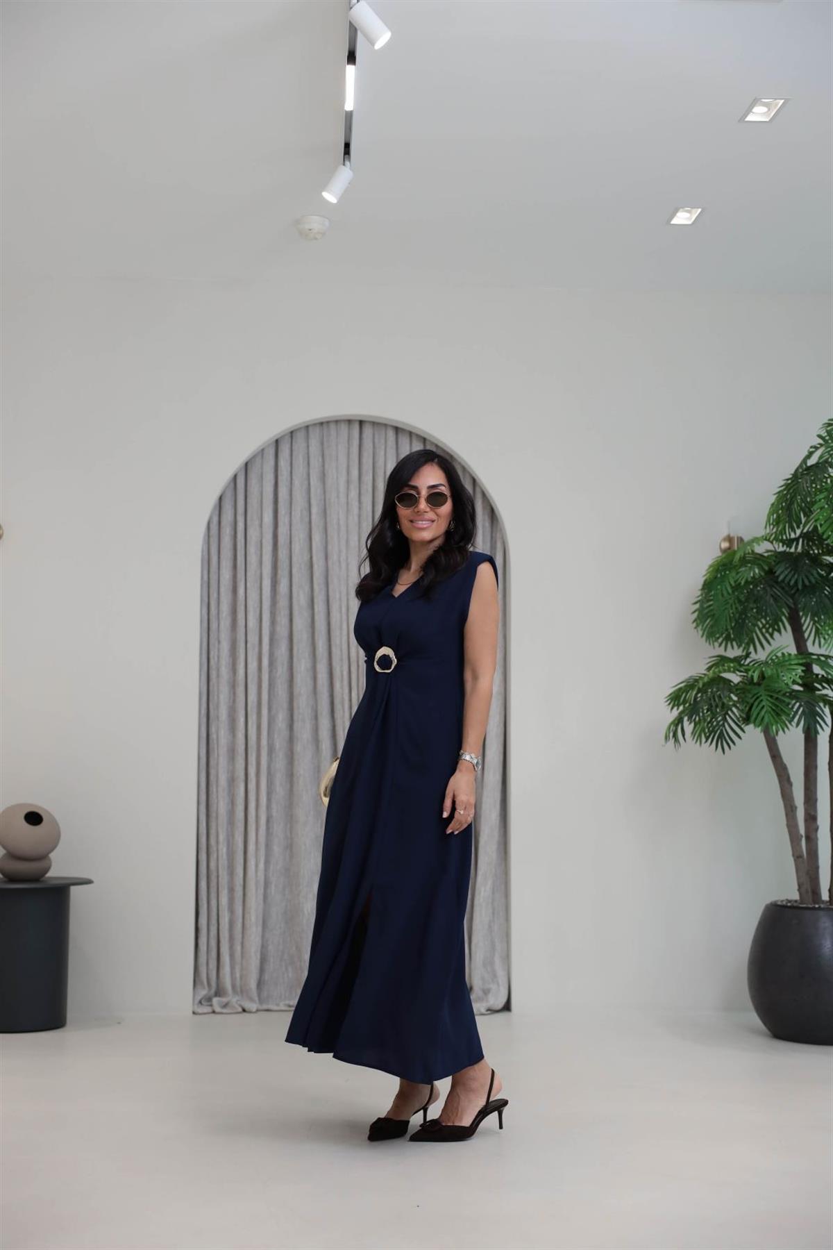 3865 V Yaka Gold Tokalı Maxi Elbise LACİVERT