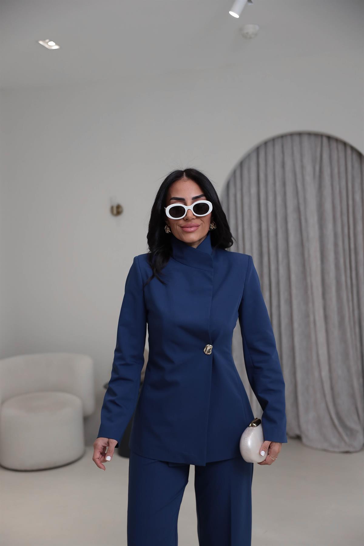 2041 Yaka Detaylı Gold Düğmeli Ceket Pantolon Takım Indigo