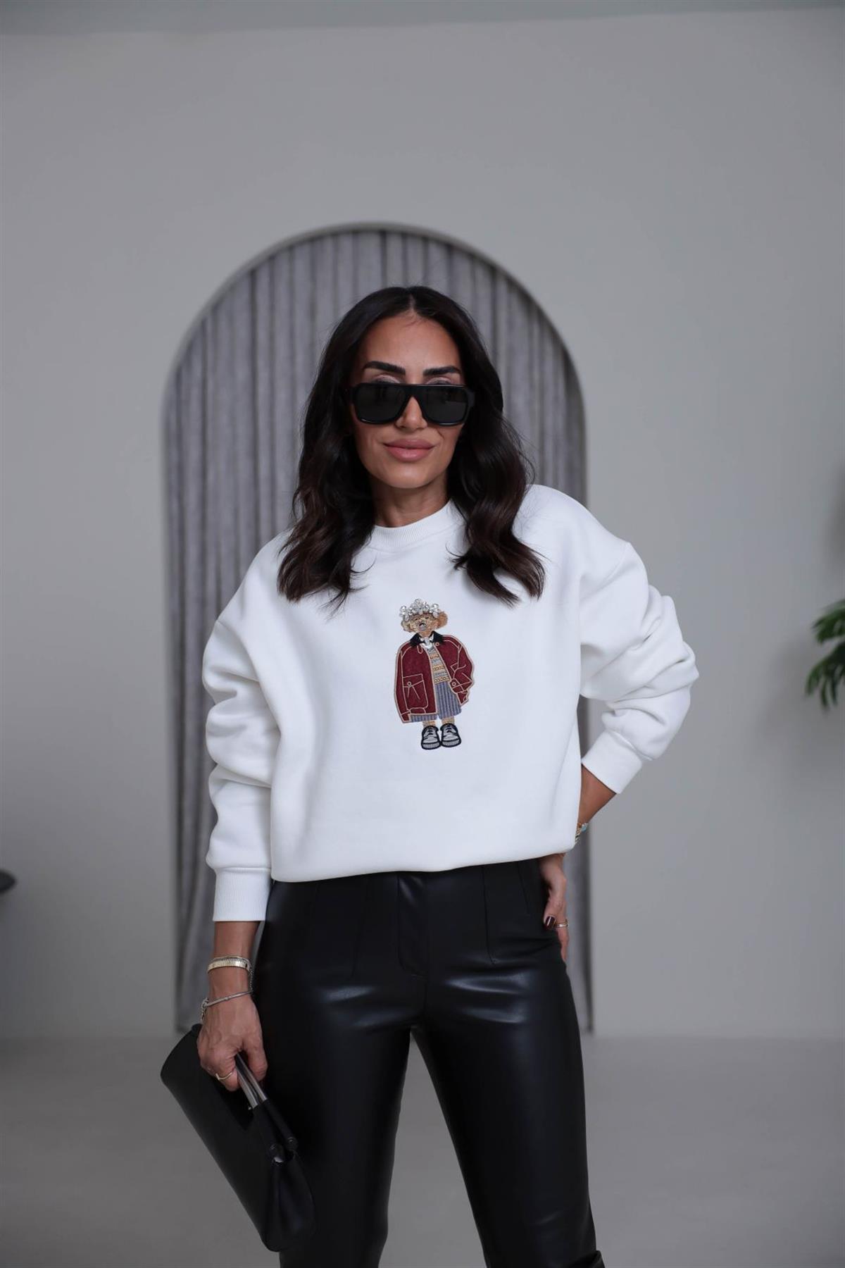 6910 Taşlı Aplikeli Şardonlu Sweatshirt EKRU