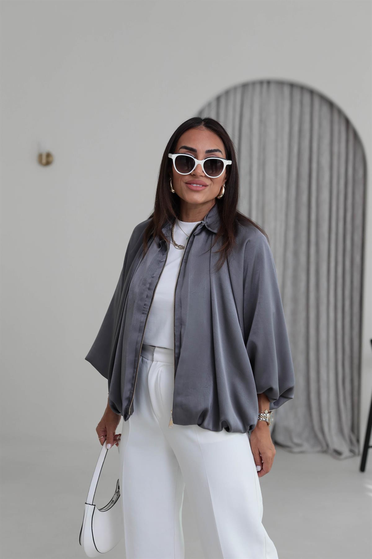 9584 Kendinden Desenli Saten Bomber Ceket ANTRASİT