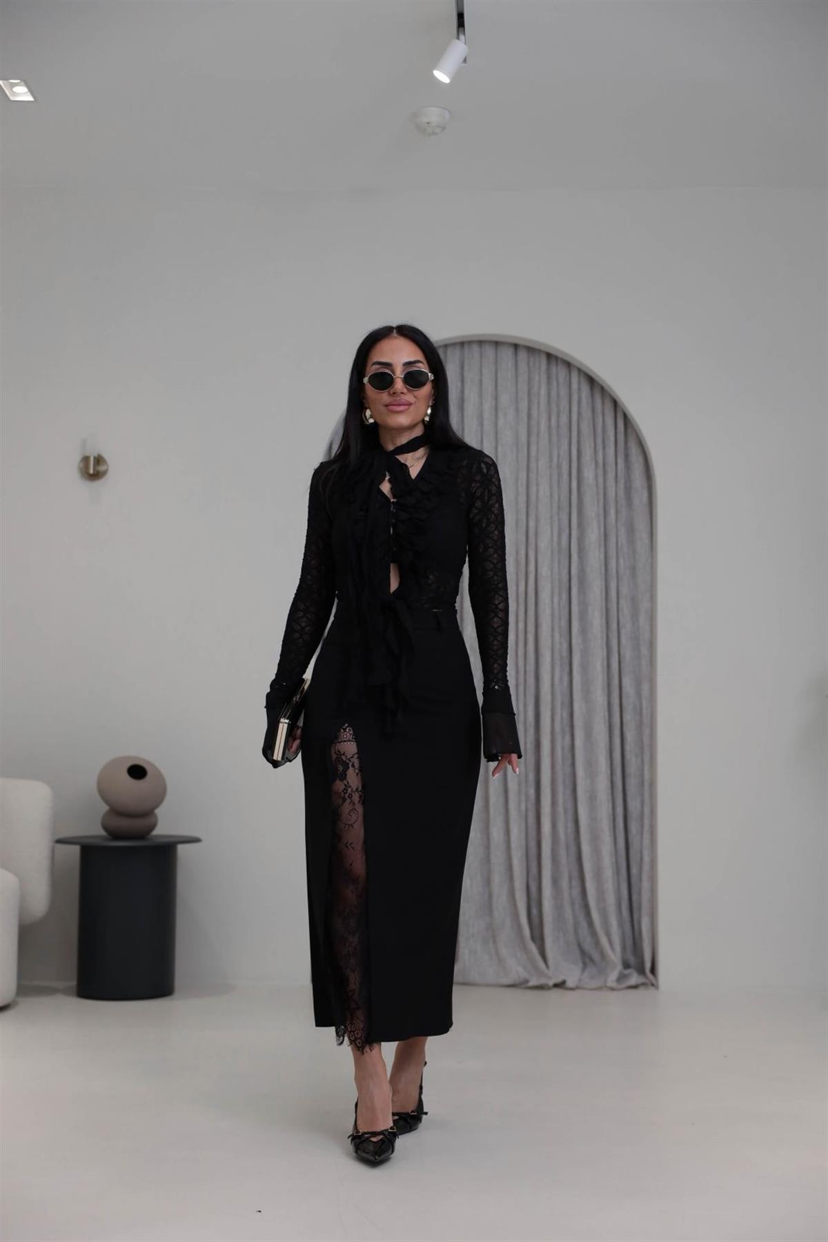 1017 Dantel Yırtmaçlı Kumaş Etek SİYAH