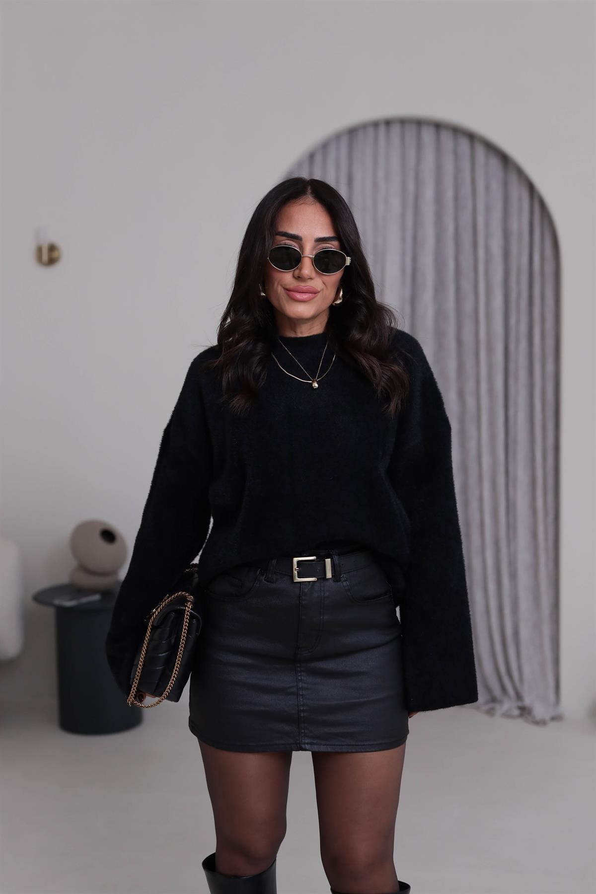 1676 Za Mumlu Mini Etek SİYAH