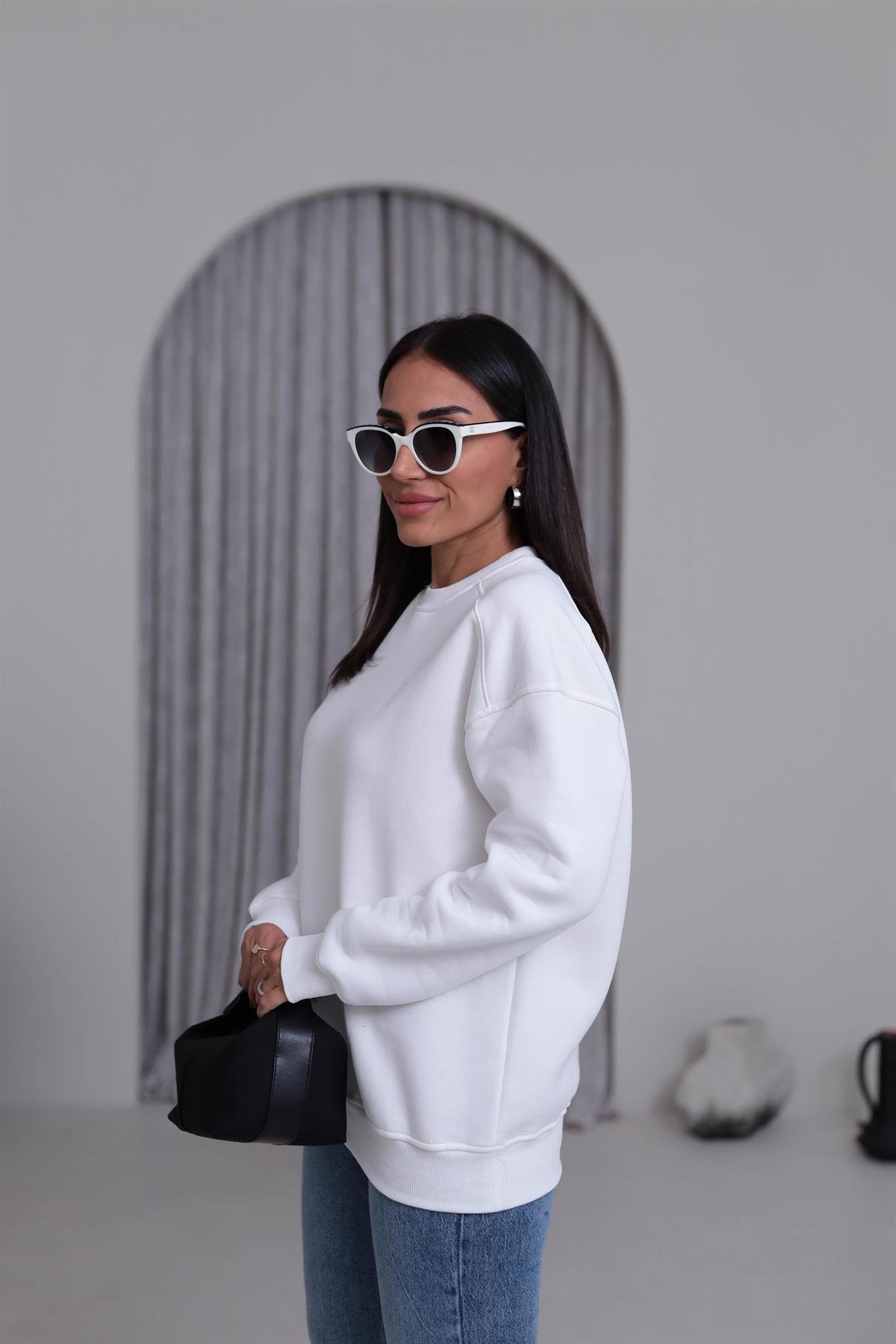 7912 Bisiklet Yaka Şardonlu Sweatshirt EKRU