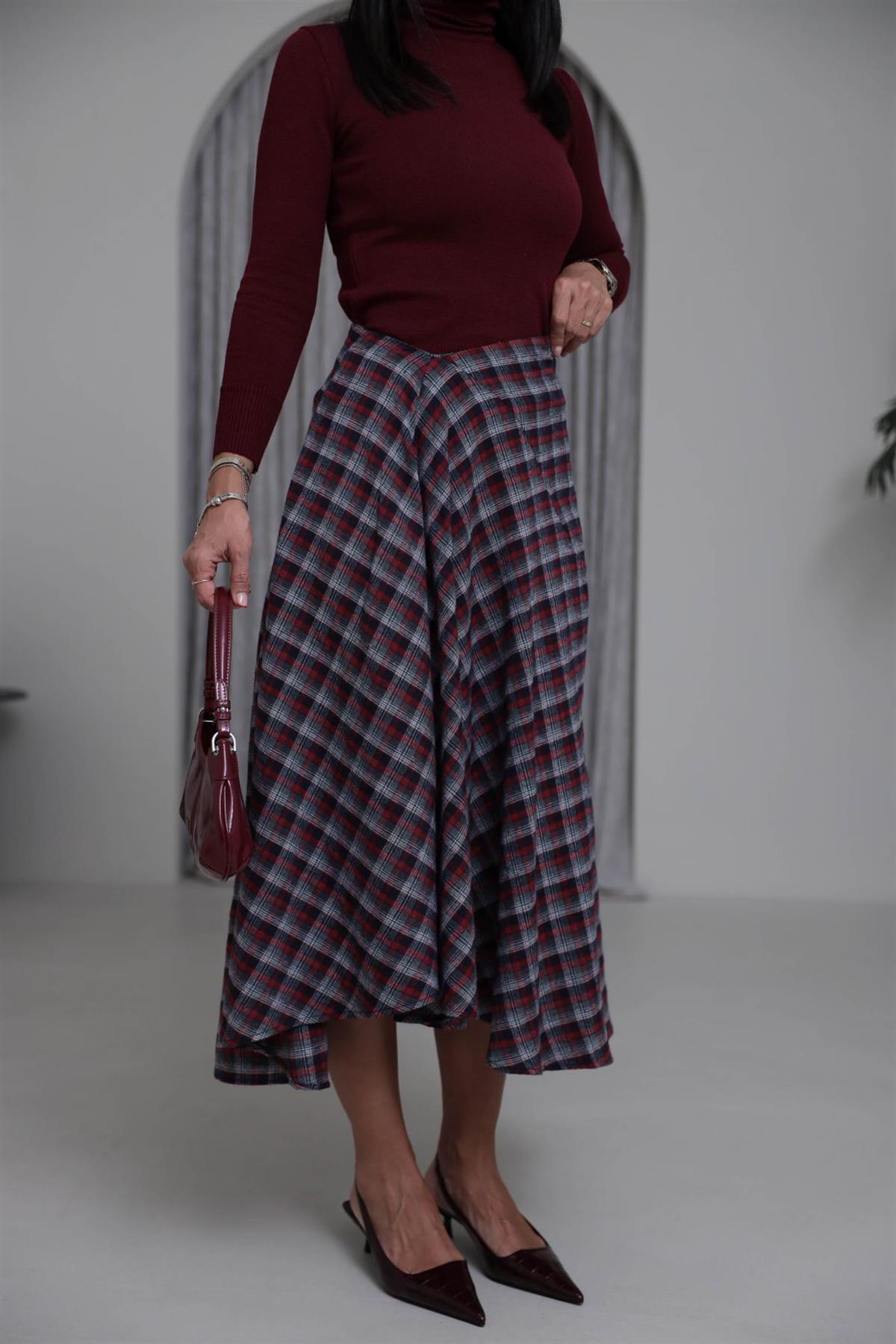 0377 Asimetrik Ekose Etek KIRMIZI