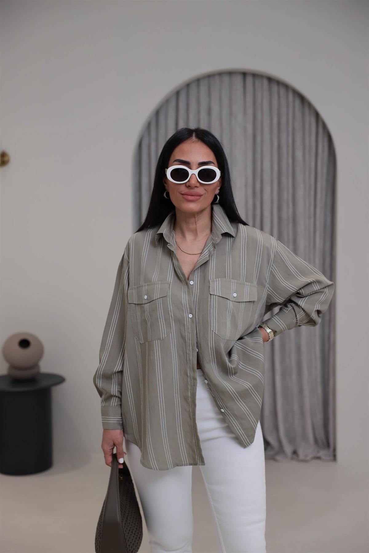 4003 Cepli Çizgili Viskon Gömlek HAKİ YEŞİL