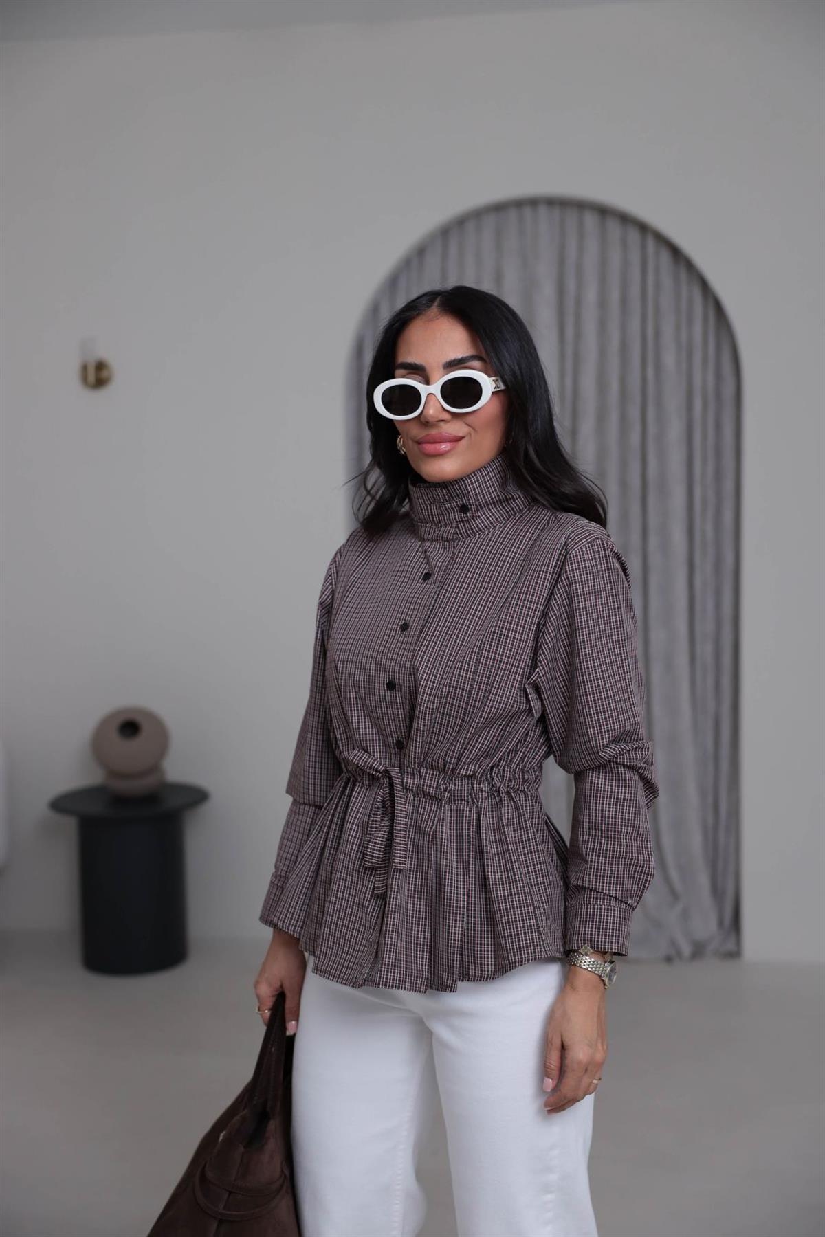 4099 Dik Yaka Belden Bağlamalı Ekose Gömlek KAHVE