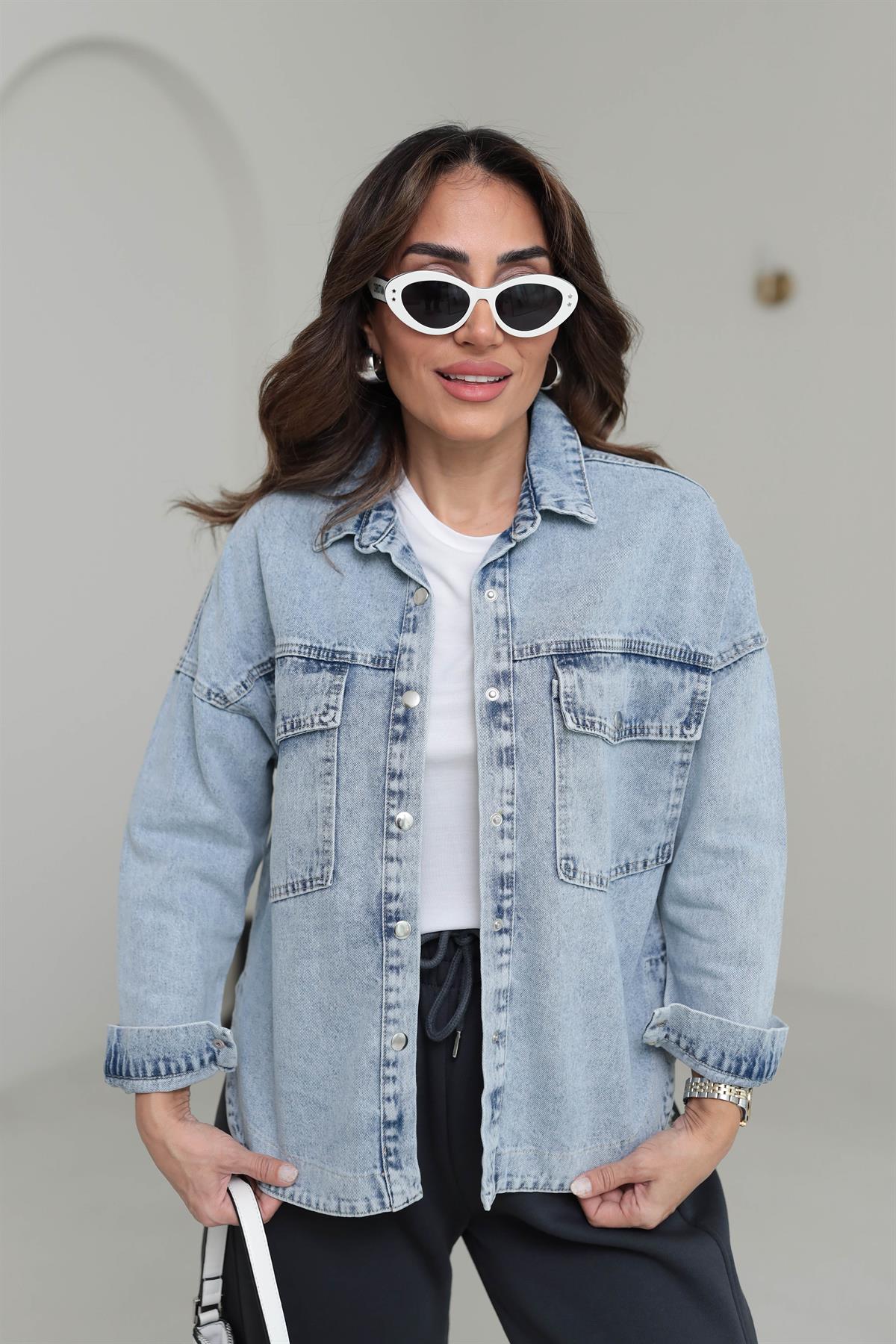 3406 Önden Çıtçıt Düğmeli Kot Ceket AÇIK MAVİ