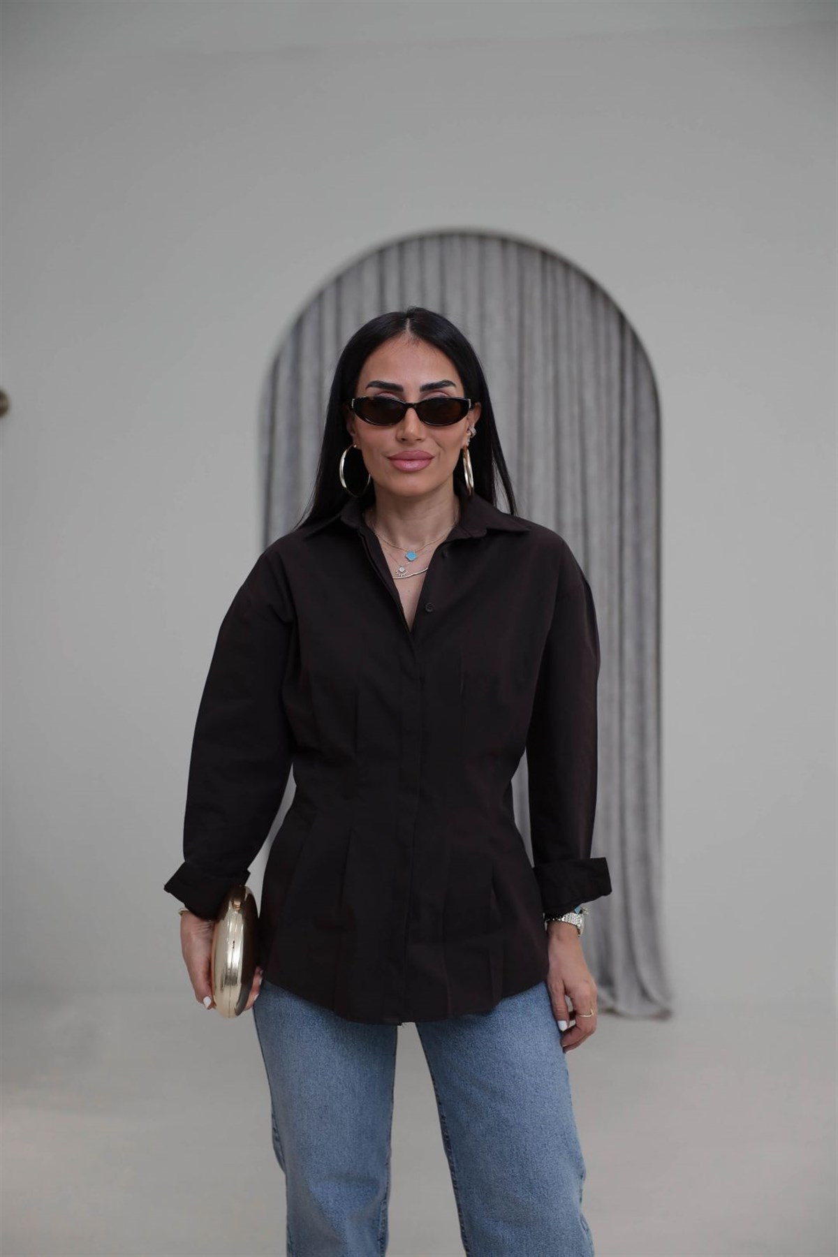 3013 Belden Oturtmalı Poplin Gömlek KAHVE