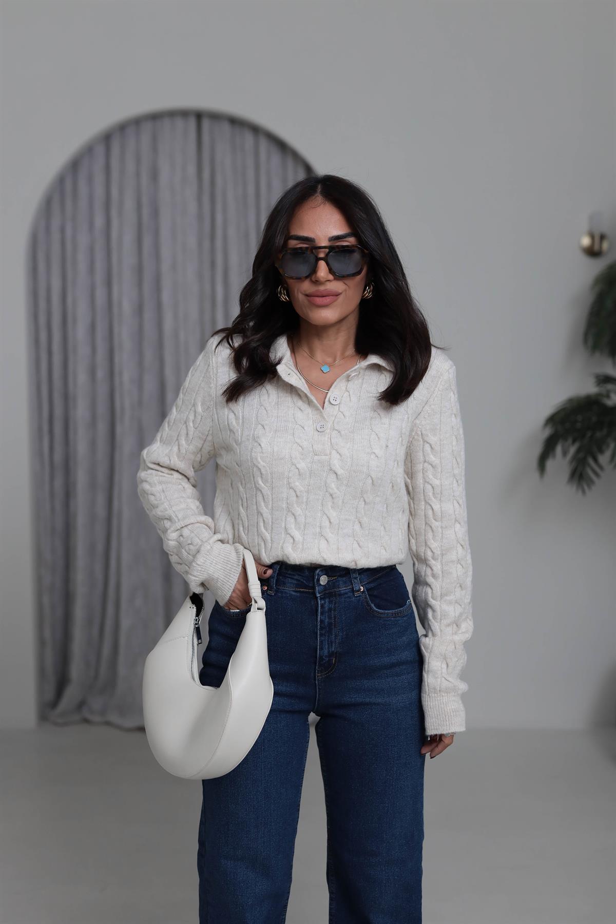 0145 Saç Örgü Polo Yaka Rahat Kazak TAŞ