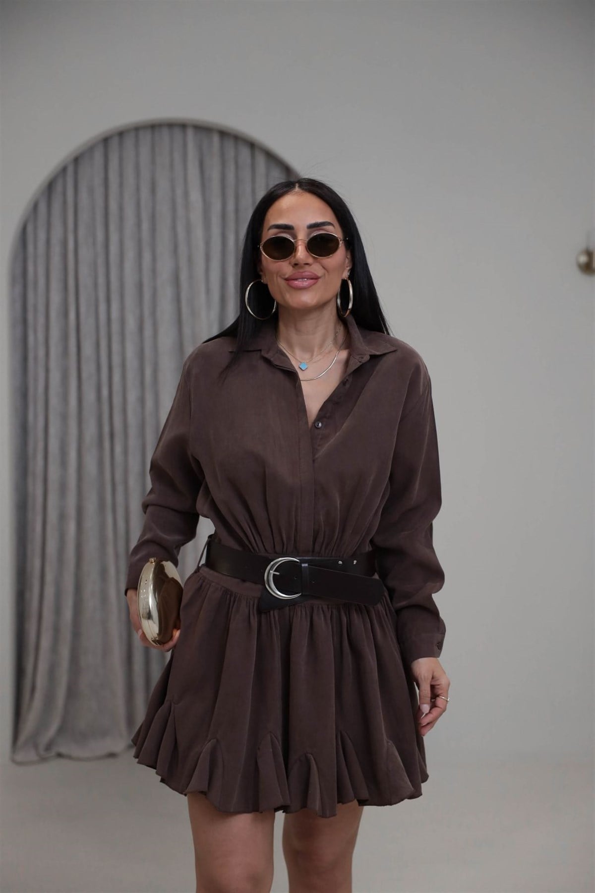 0740 Kemerli Eteği Volanlı Tensel Elbise KAHVE