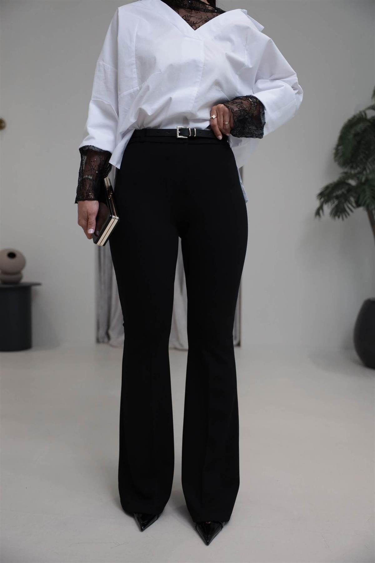 2076 Kemerli Yüksek Bel İspanyol Pantolon SİYAH